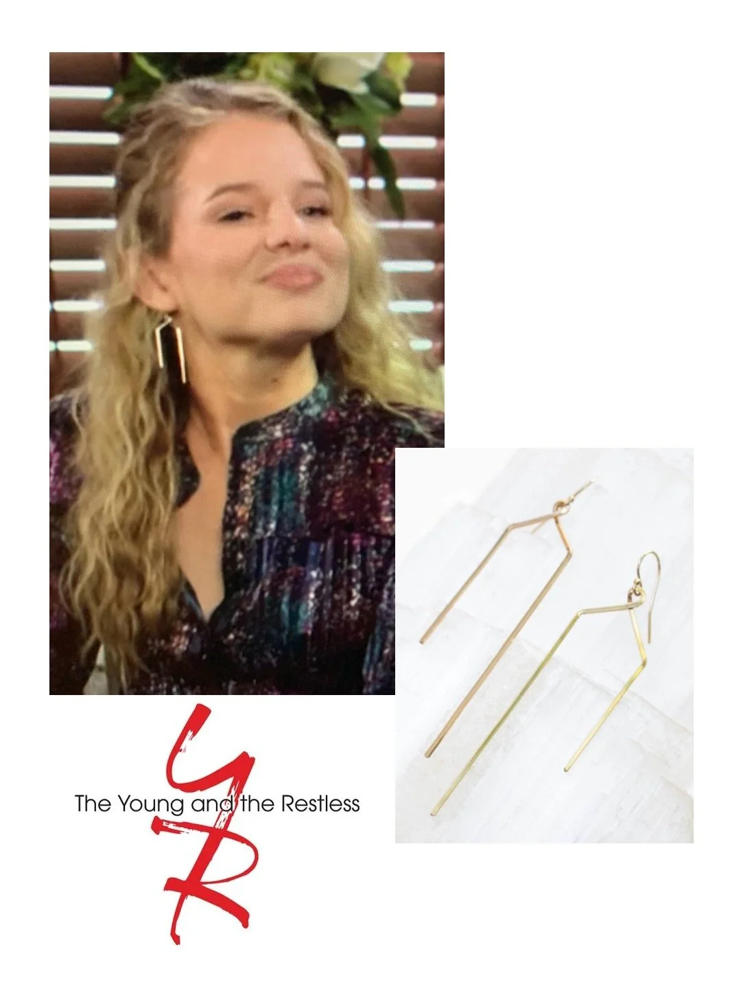  Featured in Young &amp; Restless, Allison Lanier (as Summer Newman) wear asymmetrical double bar earrings. [E49.168 &amp; E49.169] 