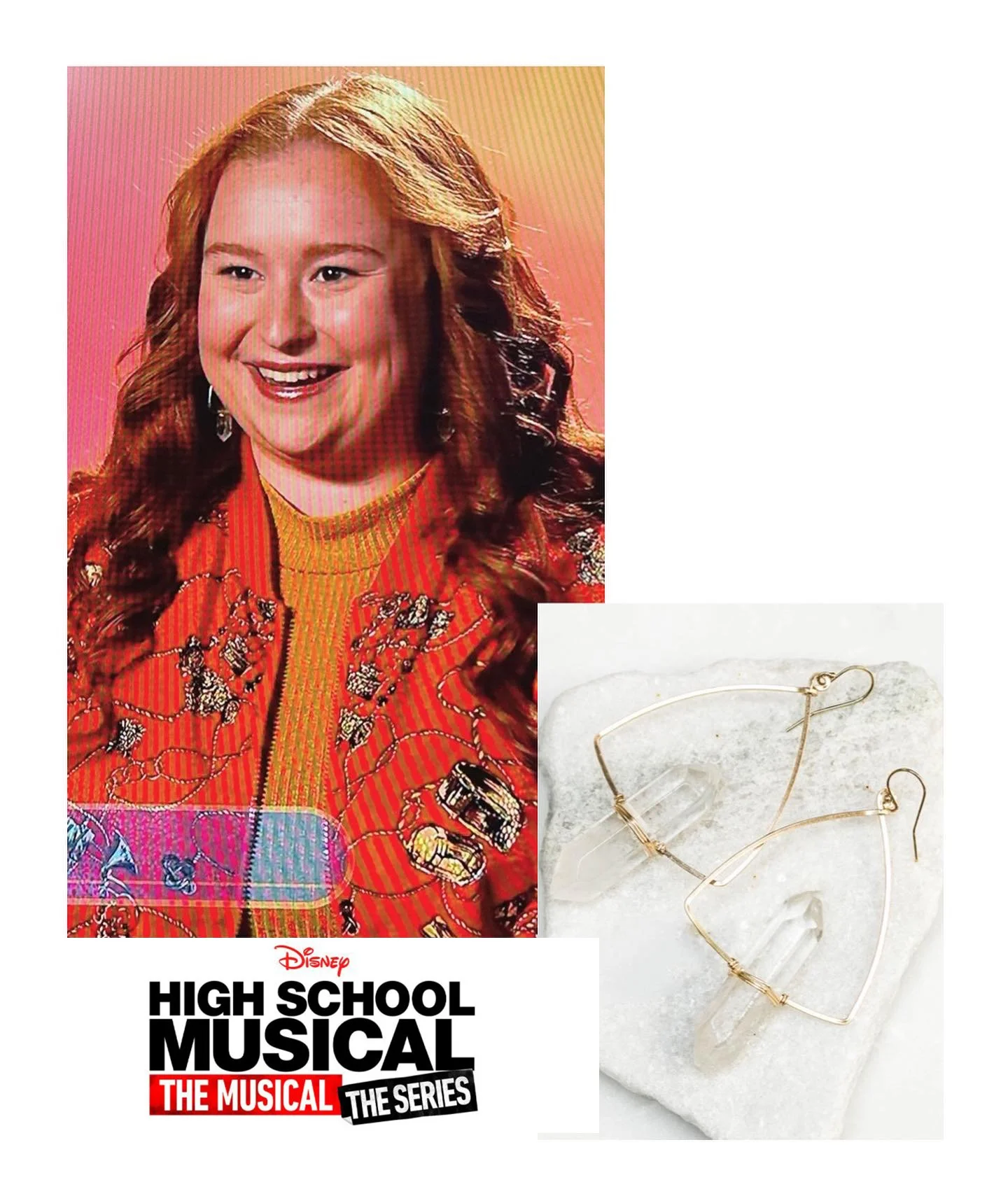 Rock crystal triangular hoop earrings featured in Disney+'s "High School Musical The Series" on Julia Lester as Ashlyn Caswell. [E3.8]