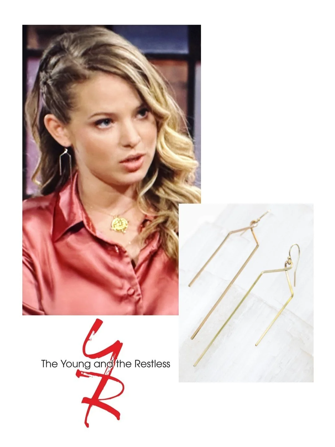 Gold asymmetrical bar earrings featured in Young & The Restless on Allison Lanier (as Summer Newman). [E49.236]