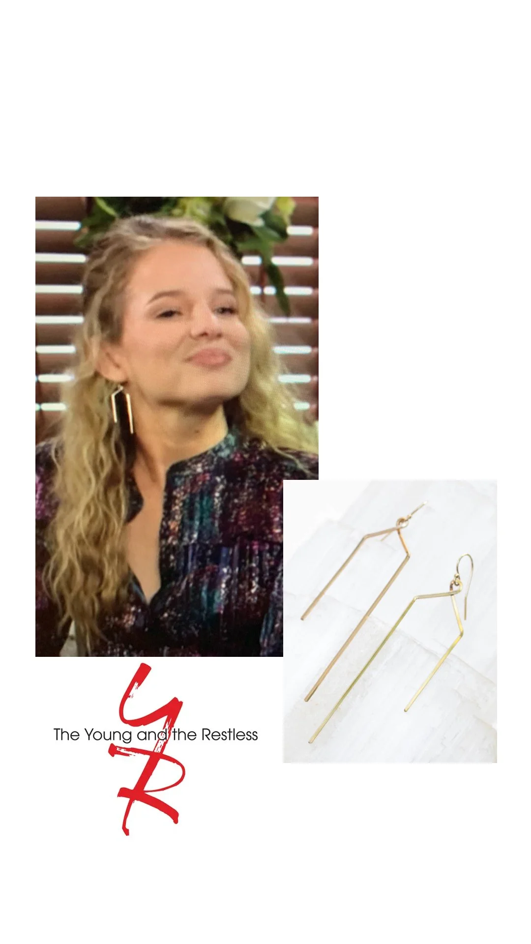 Double bar gold asymmetrical earrings featured in Young & The Restless on Allison Lanier (as Summer Newman). [49.168+ 169]