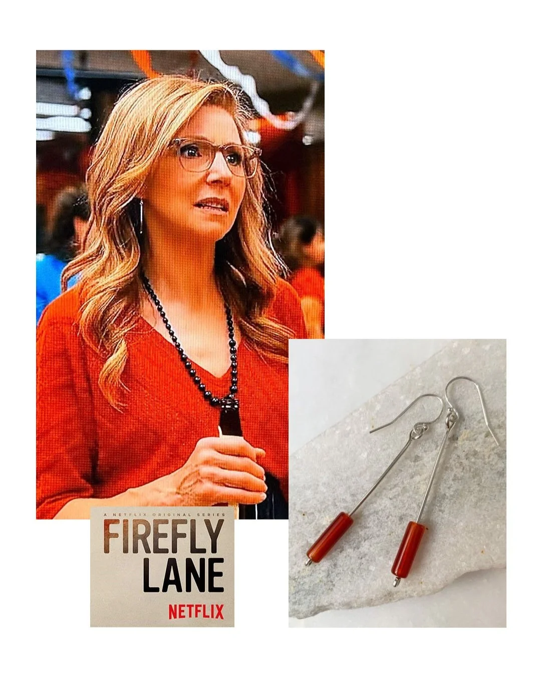 Featured on Firefly Lane, Sarah Chalke (as Kate Malarkey), wears sterling silver carnelian bar drop earrings on S2E6.