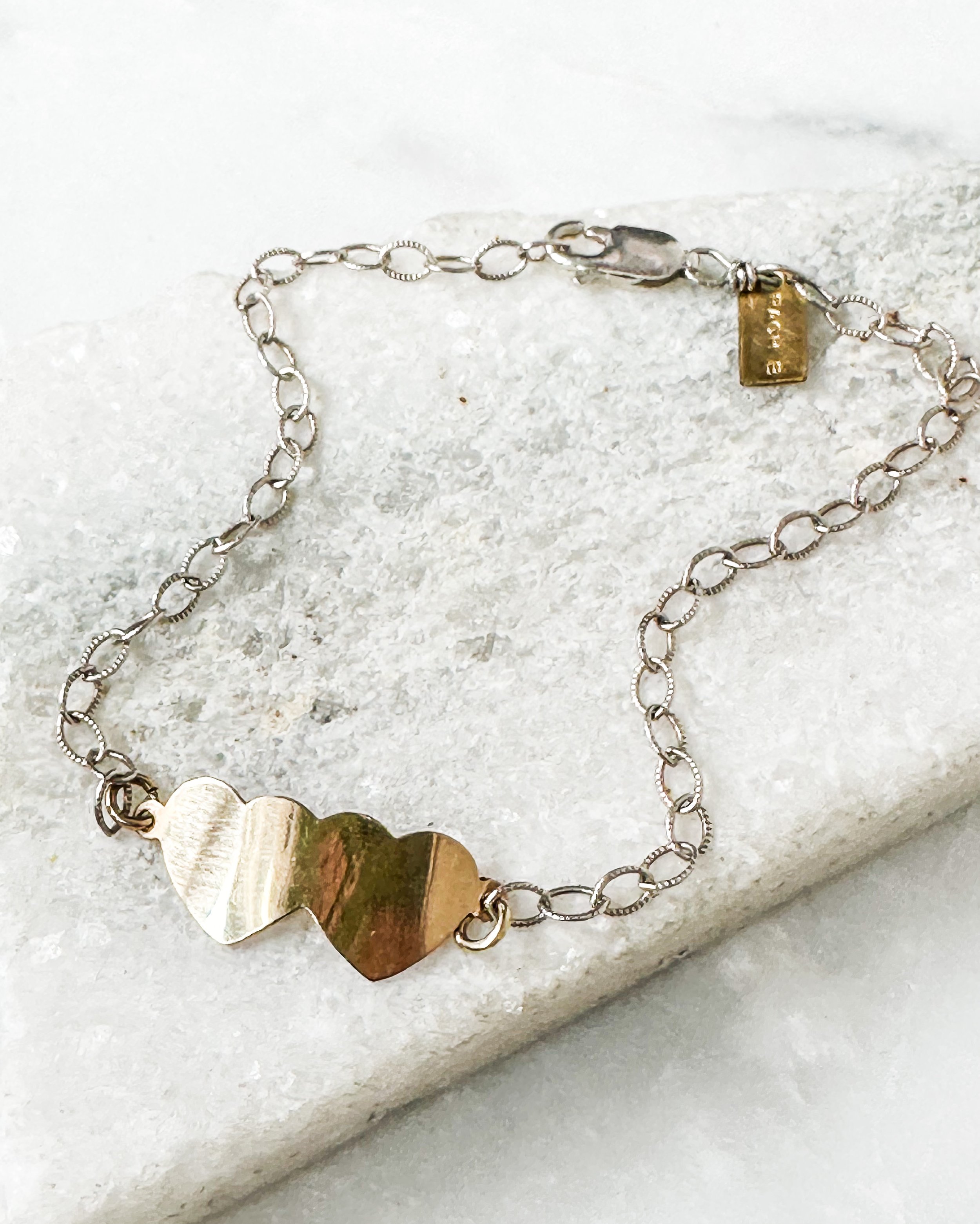 Double heart mixed metal bracelet // 14k gold fill + sterling silver