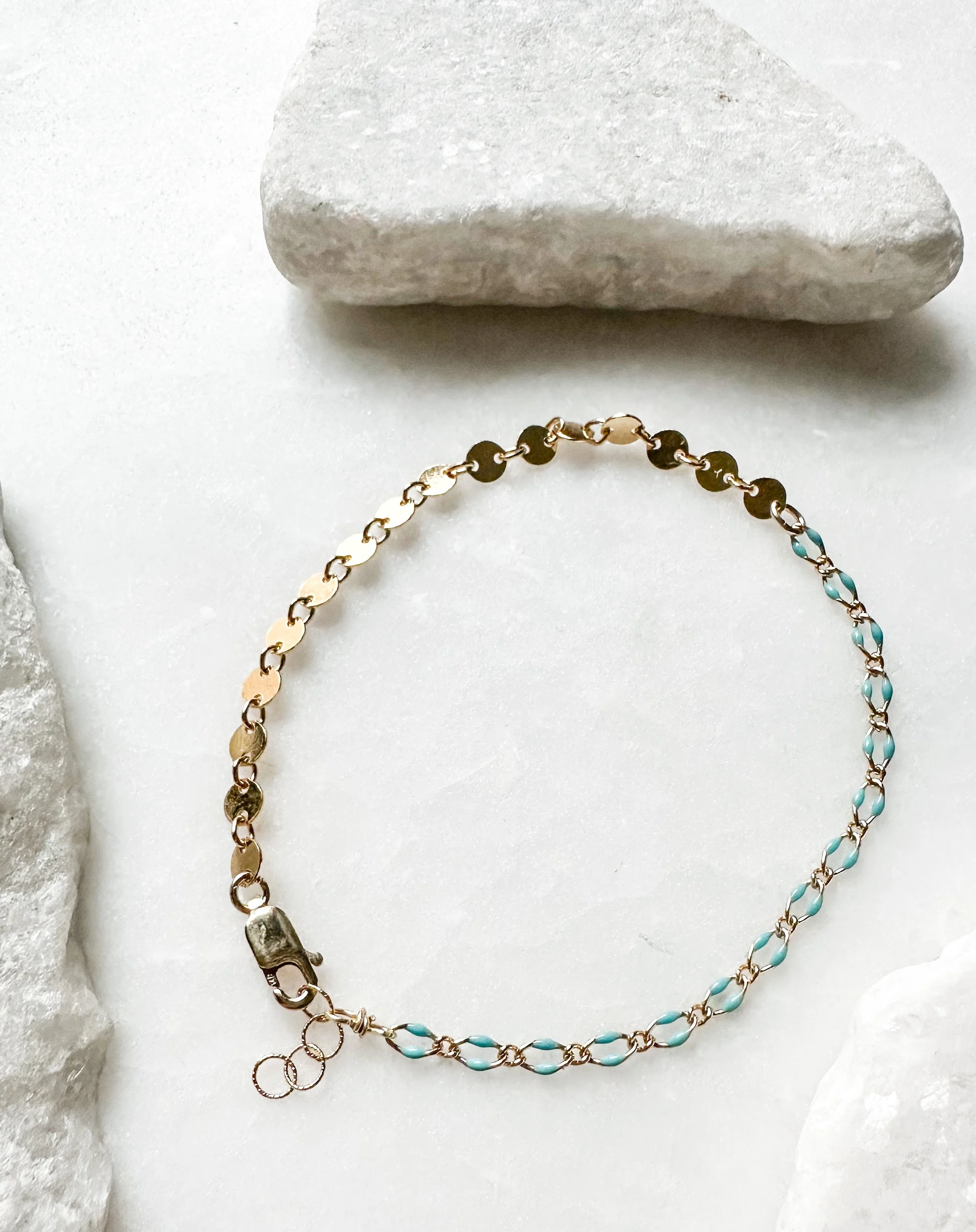 Turquoise enamel and coin chain mixed metal bracelet