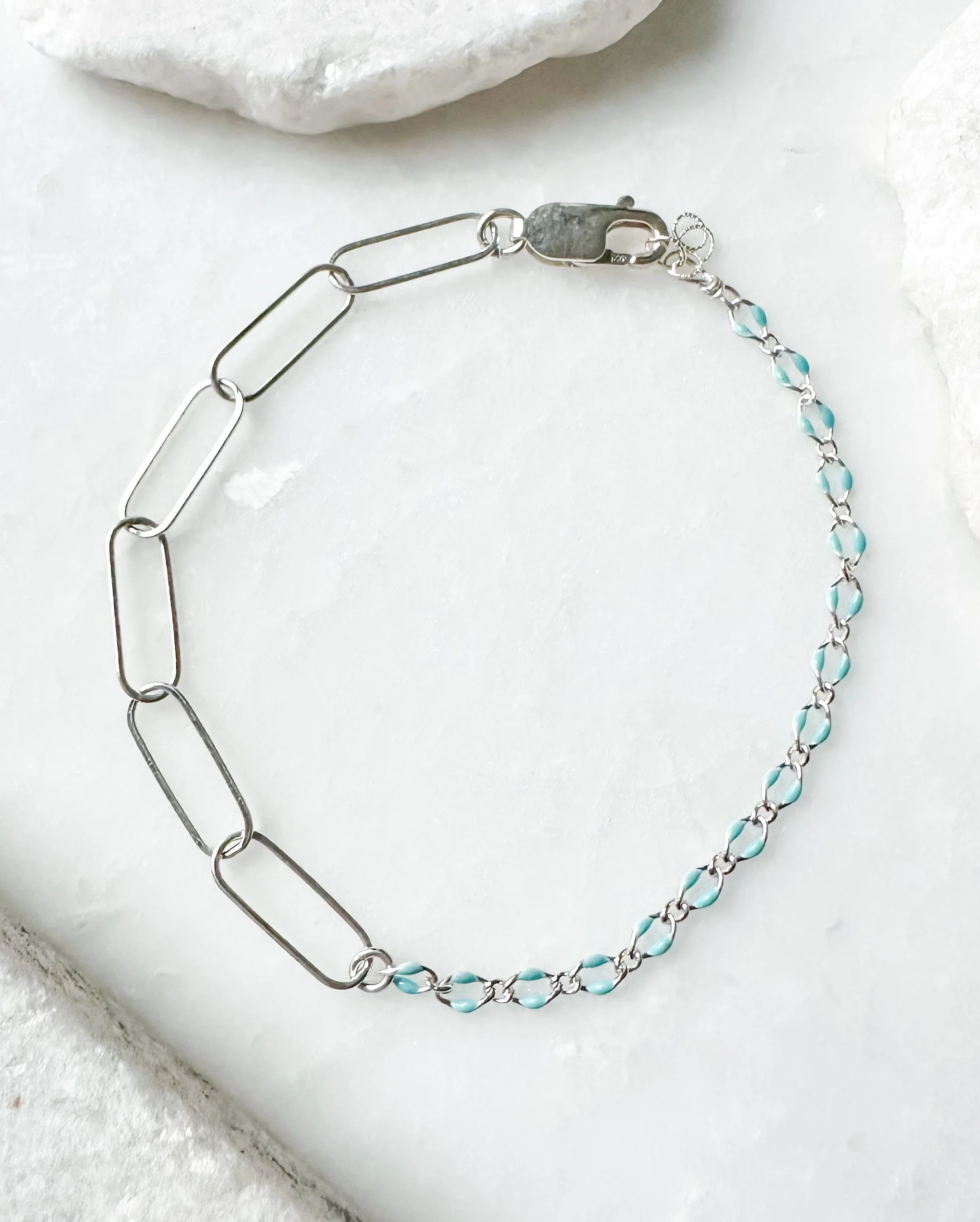 Turquoise enamel paperclip link mixed chain bracelet