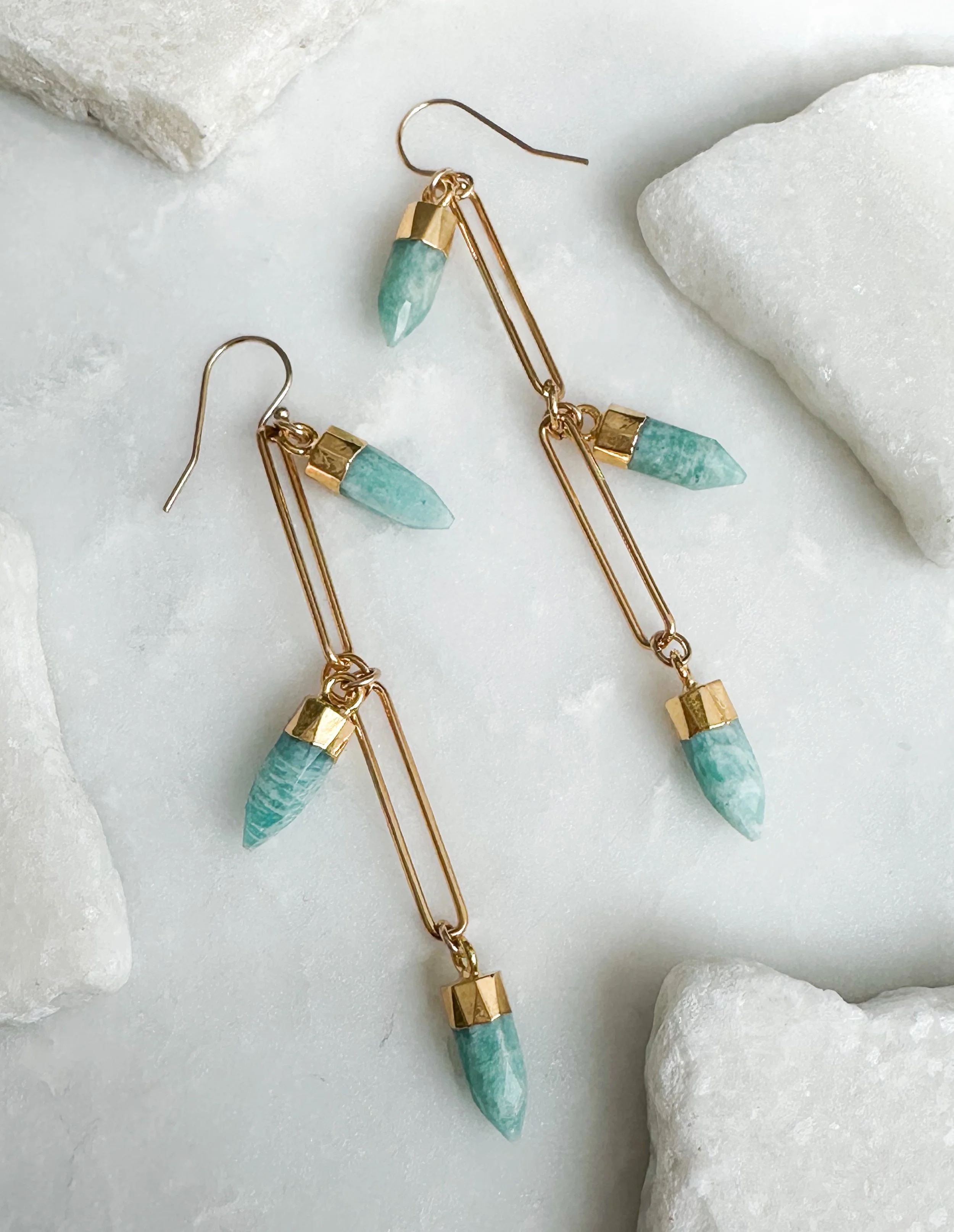 Amazonite triple stone elongated link earring // 14k gold fill