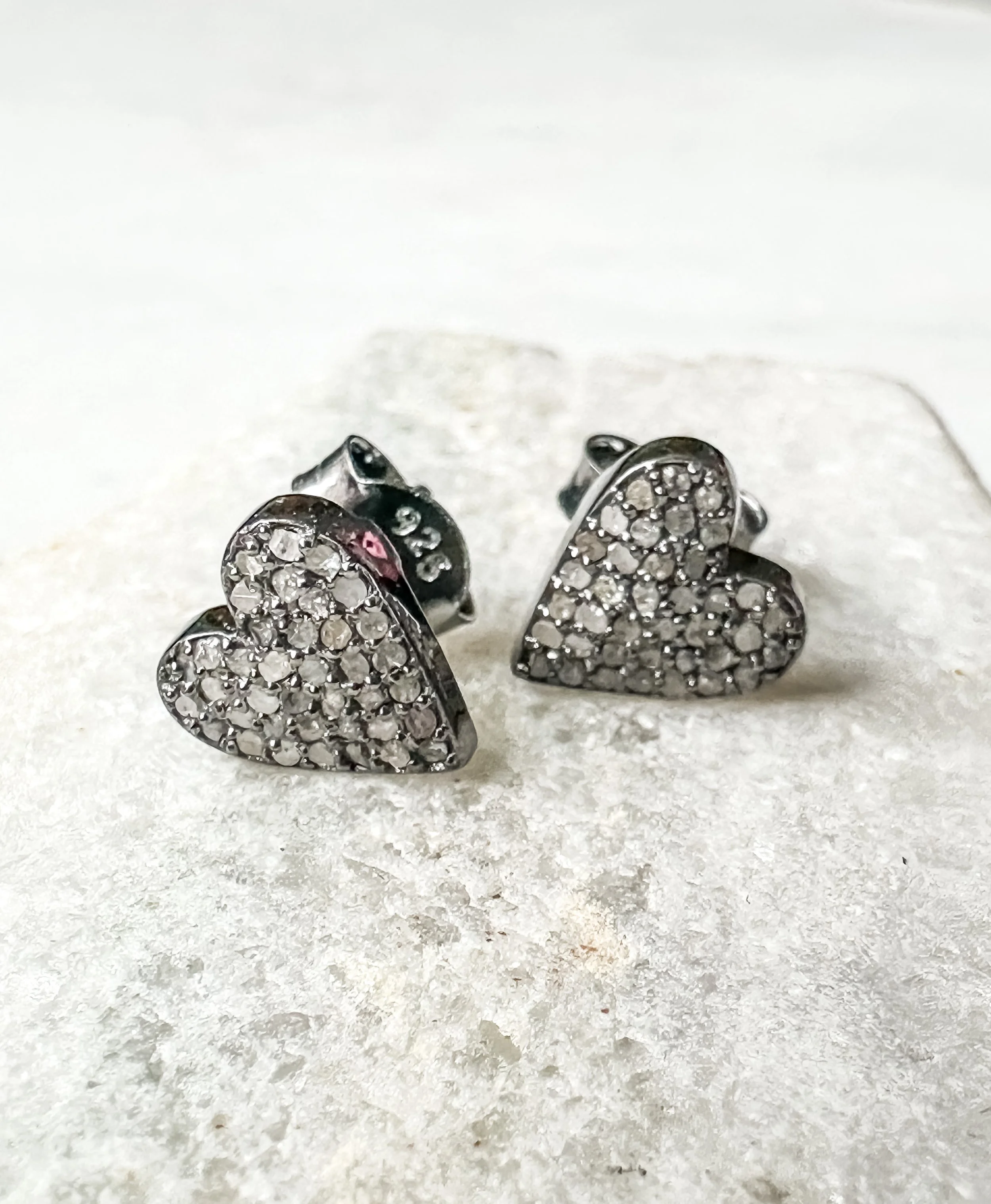 Diamond heart stud earrings // Oxidized sterling silver