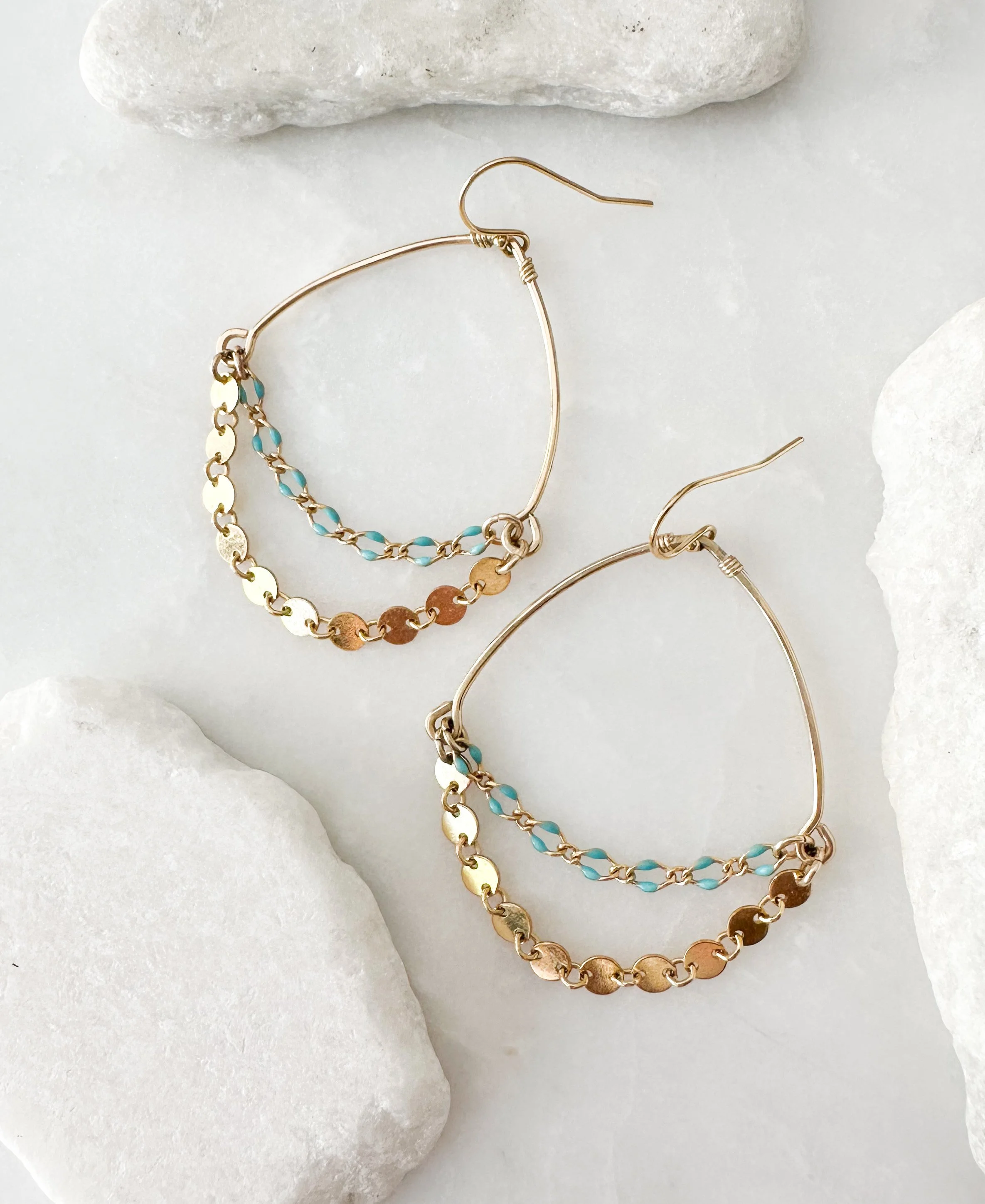 Turquoise enamel coin drape chain earring