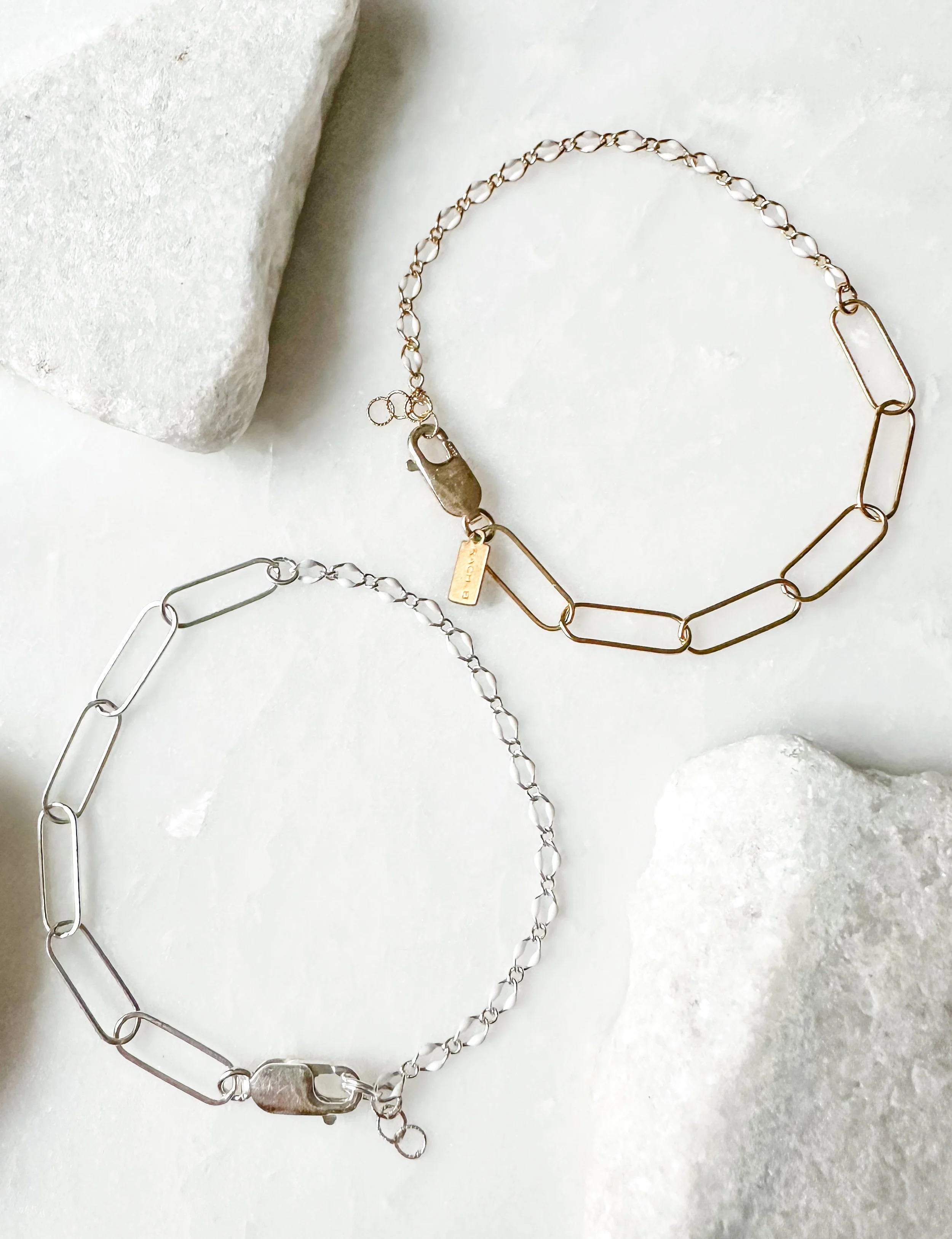White enamel paperclip link mixed chain bracelet