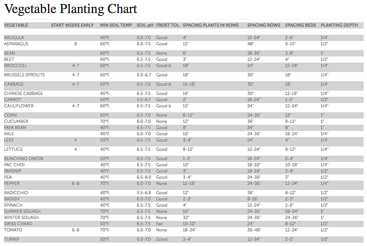 Garden Seed Planting Chart