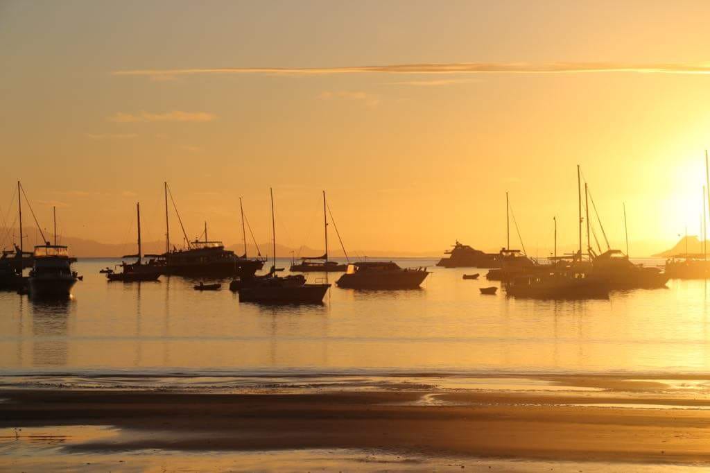 Sailboats Moored at Sunset