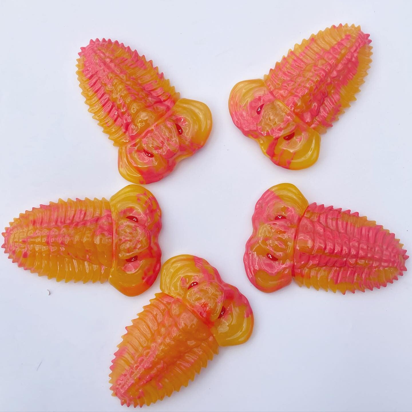 The Official First Drop!
Taffy Pink Amber
$35 shipped 1-5 of 10

These sofubi trilobites are translucent amber accented by bright taffy-pink swirls with a candy gloss top coat. 

As each one is slightly different comment the photo number you want to 