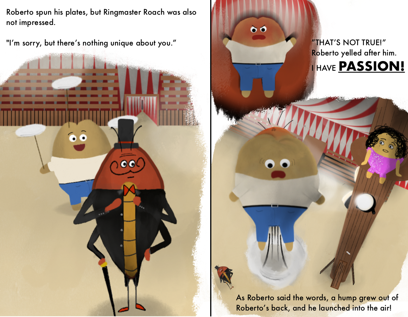  A page spread from the story of, “Bob the Bouncing Bean.”  Illustrated by Jonathan Shatoff 