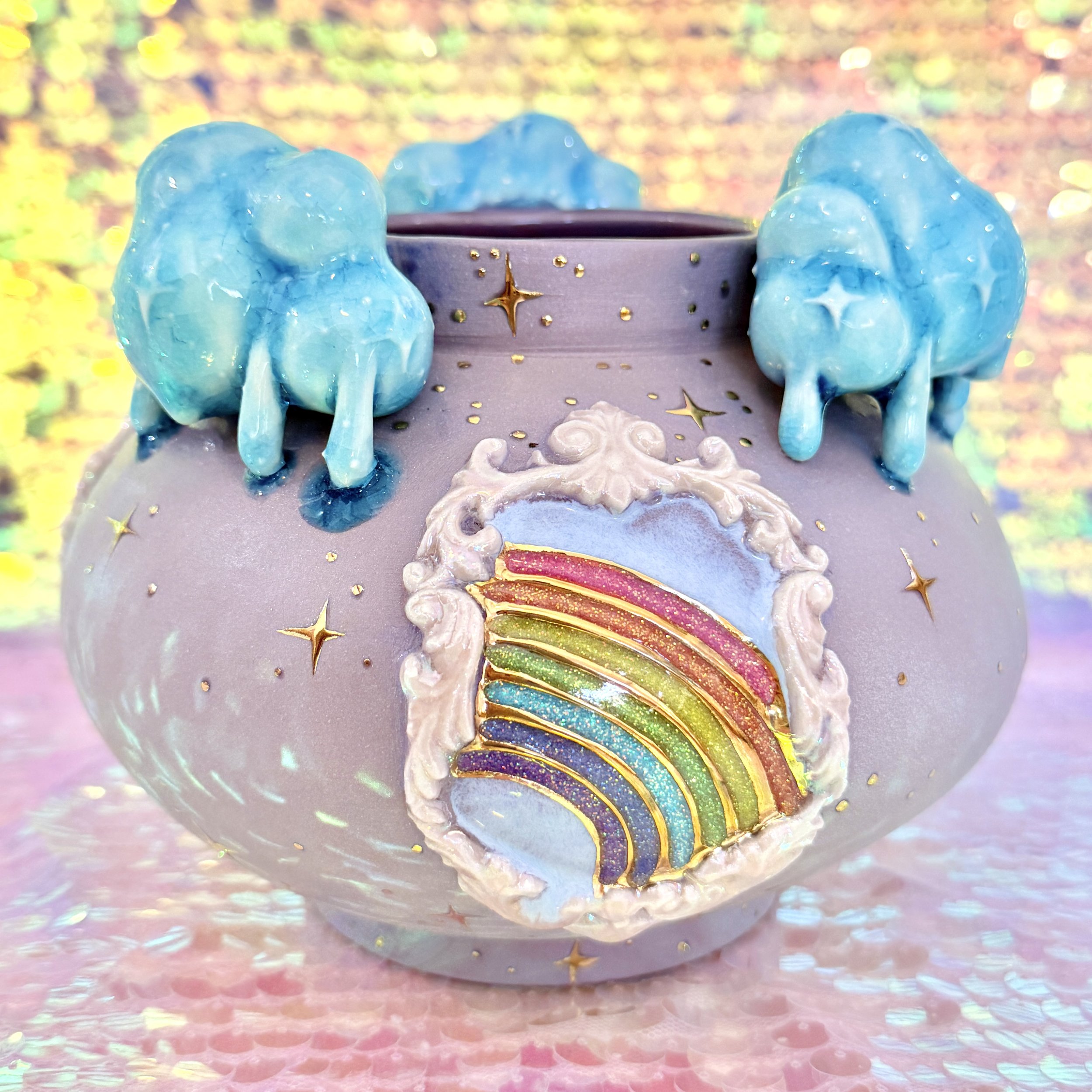 *PREVIEW* AVAILABLE 6/26/26 at 5pm PST Lavender Rainbow Portal Vase with Sculpted Clouds and Gold Stars