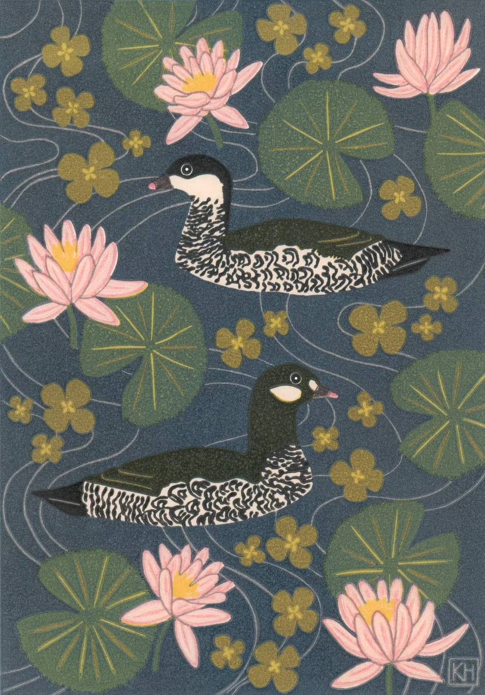 Green Pygmy Goose  Medium: reduction linocut Edition: 31 Paper size: 38 x 28cm Image size: 27 x 19cm Price $475 2018