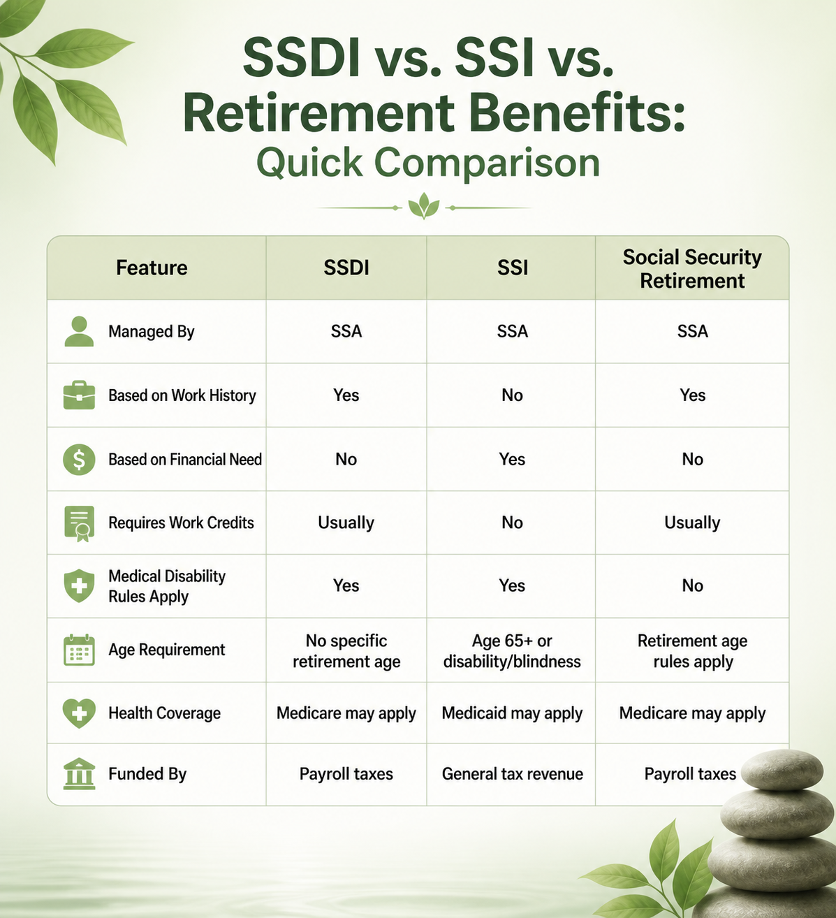 Table comparing SSDI, SSI, and Retirement Benefits governed by the SSA. Compares work history , age, and income comparisons to help understand the different government programs.