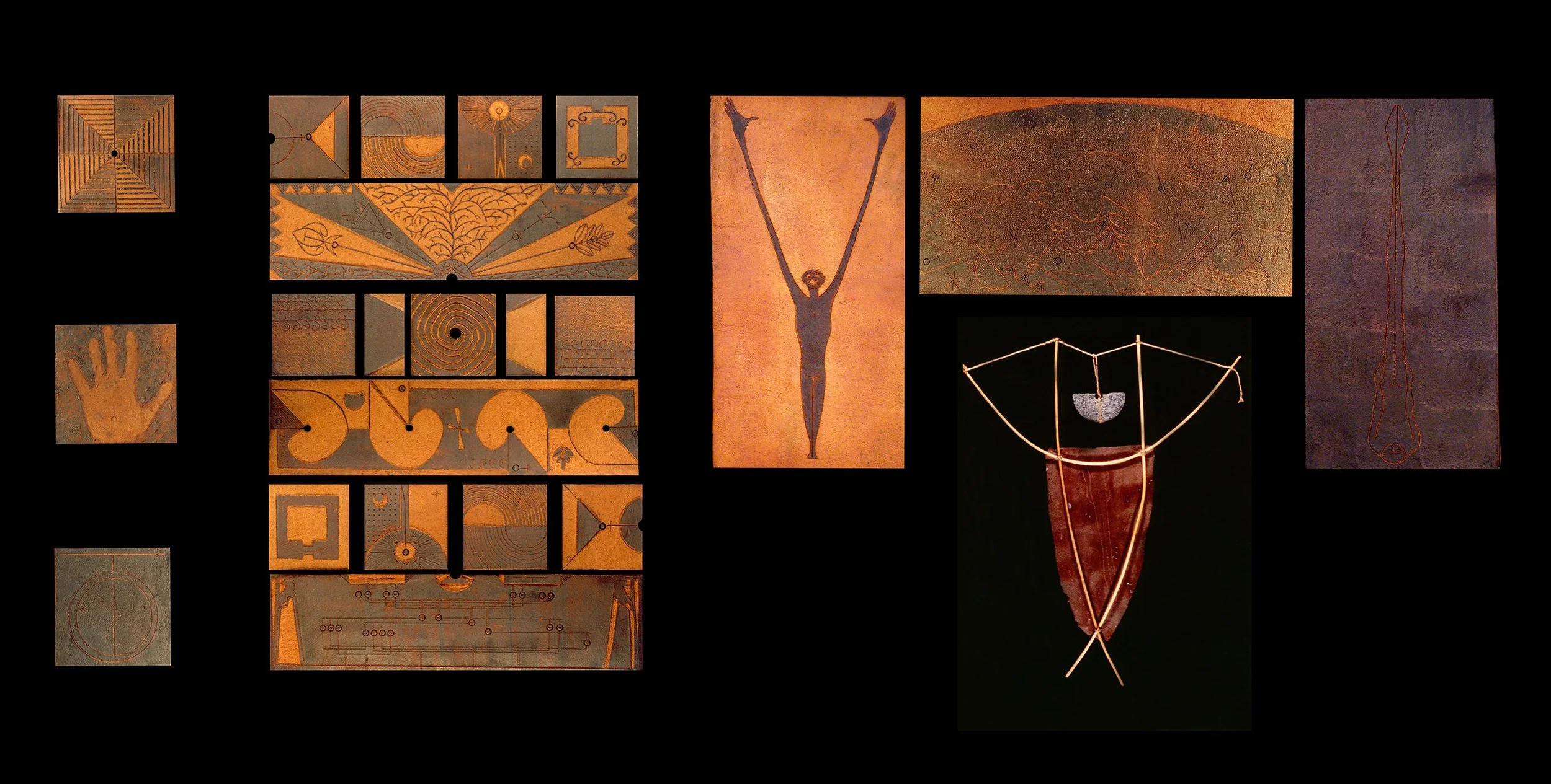 Creation/Spirit Boy/Vision, clay tiles, 5'w x 5"h; Creation, clay, 16'"w x 27"h; Vision, clay, 34"w x 16"h; Talisman, 16"w x 24"h
