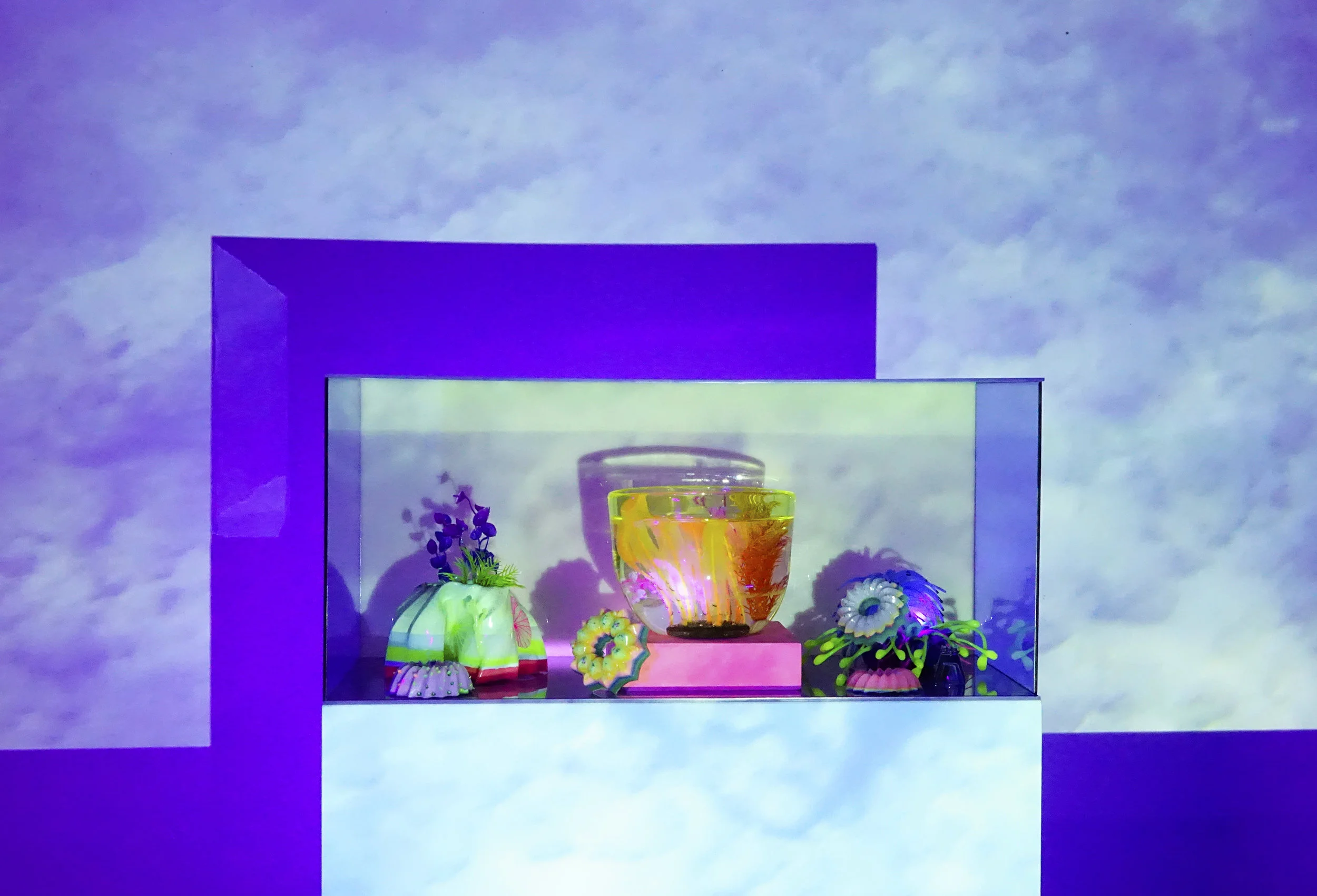 ‘Night Dive,’ 2019. Video and Ultrasound projection, UV‐reactive paint, wood pedestals, uranium glass, UV‐reactive flock, HD projector, HSS speaker, plexiglass, and LED UV light, dimensions variable.