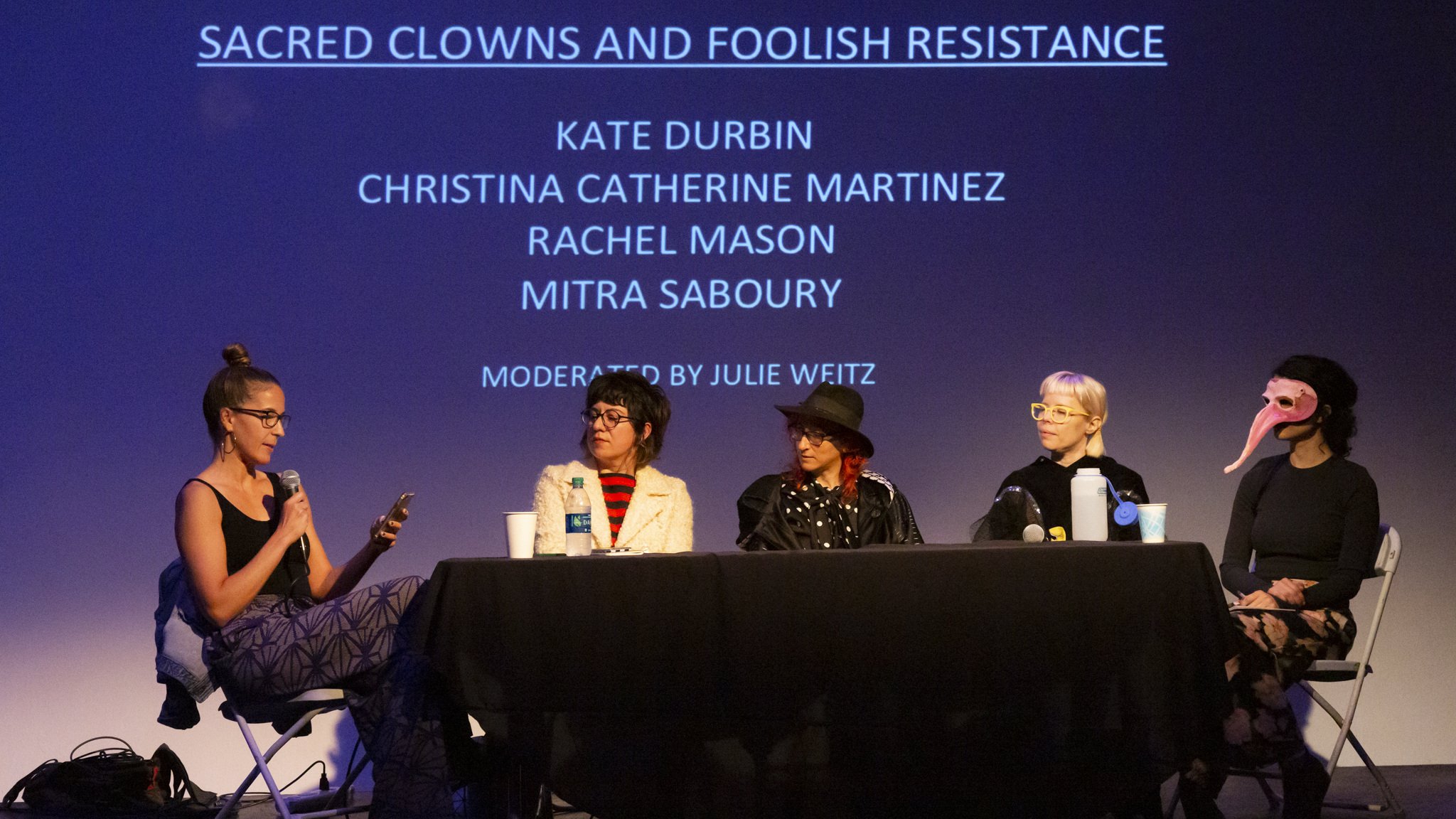  Sacred Clowns and Foolish Resistance panel, moderated by Julie Weitz. Pictured from left: Julie Weitz, Christina Catherine Martinez, Rachel Mason, Kate Durbin, Mitra Saboury. FEMMEBIT Festival 2019. 