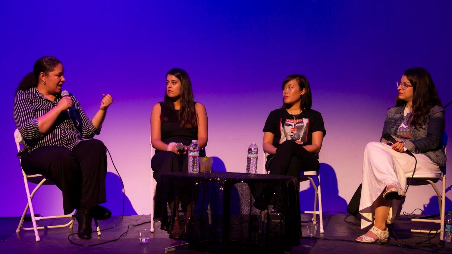  Building Community panel, moderated by Kamal Sinclair. Pictured from left: Kamal Sinclair, Paisley Smith, Natalie Sun, Anita Sarkeesian. FEMMEBIT Festival 2019. 