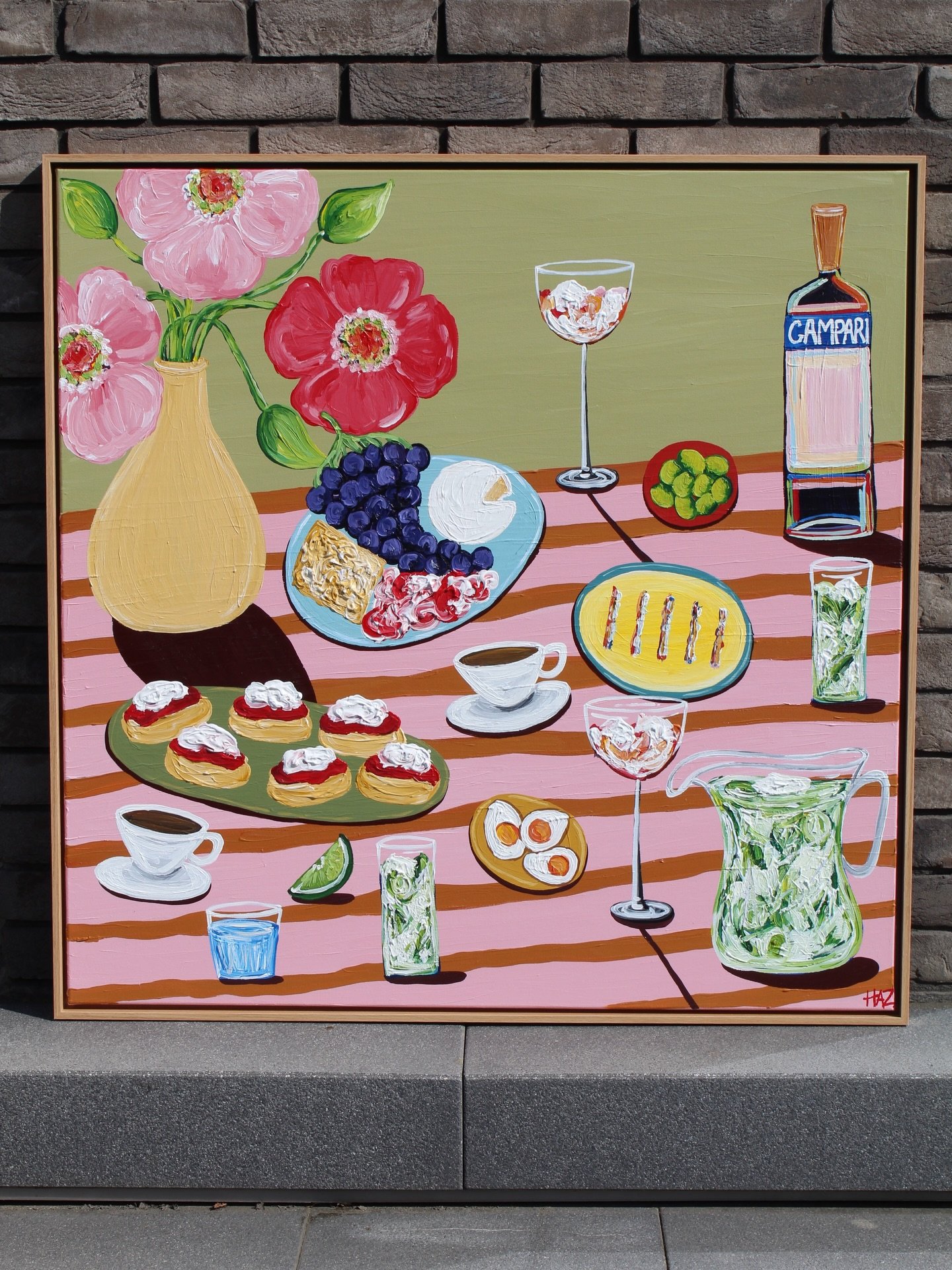 Afternoon Delight, 100cm x 100cm, Acrylic on Canvas, Framed in Oak, 2026.

#newart #acryliconcanvas #tablescapeart #stilllifepaintings