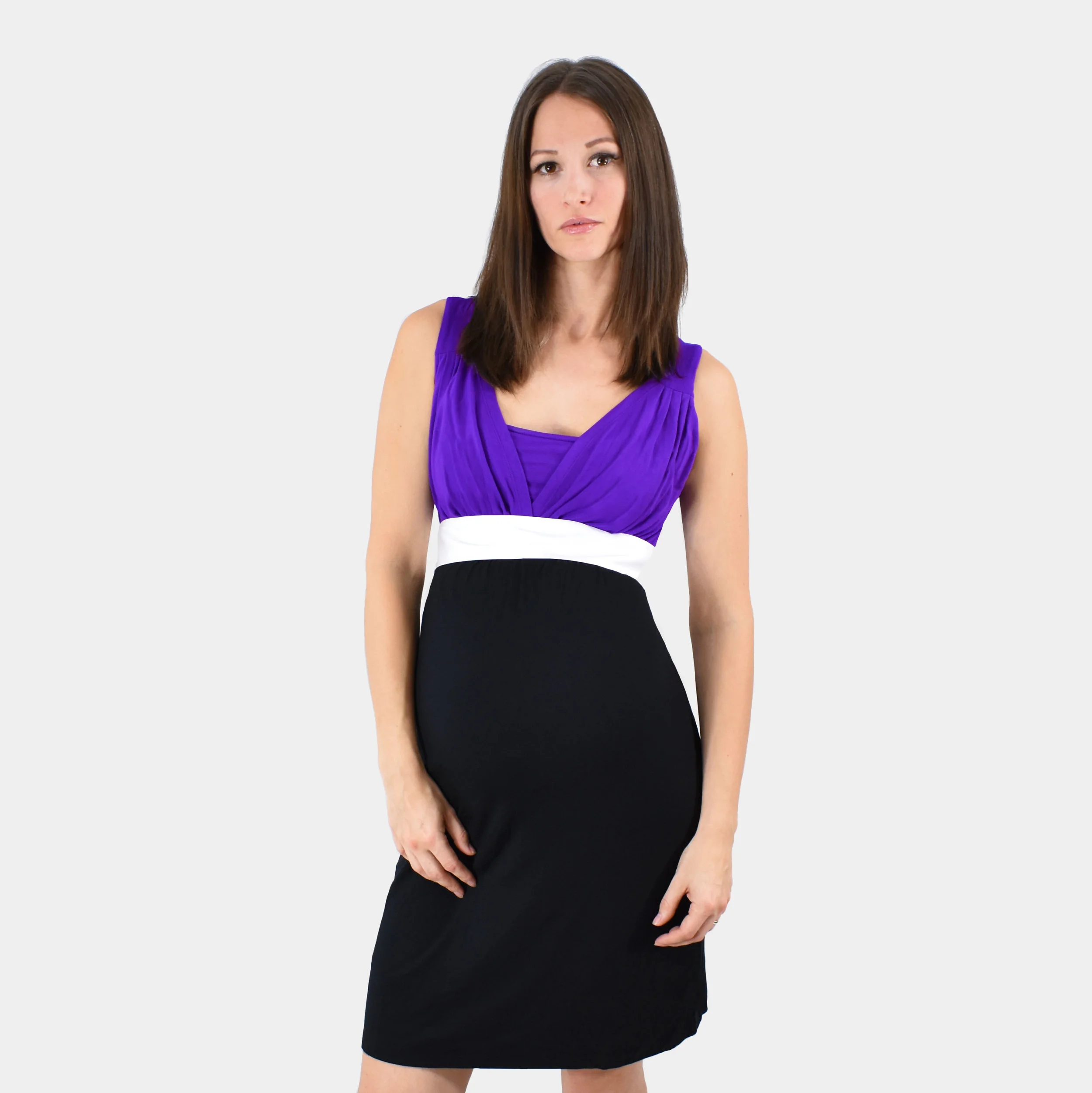 Amelia Grecian Wrap Front Lined Maternity and Nursing dress in Purple and Black with White Satin Sash