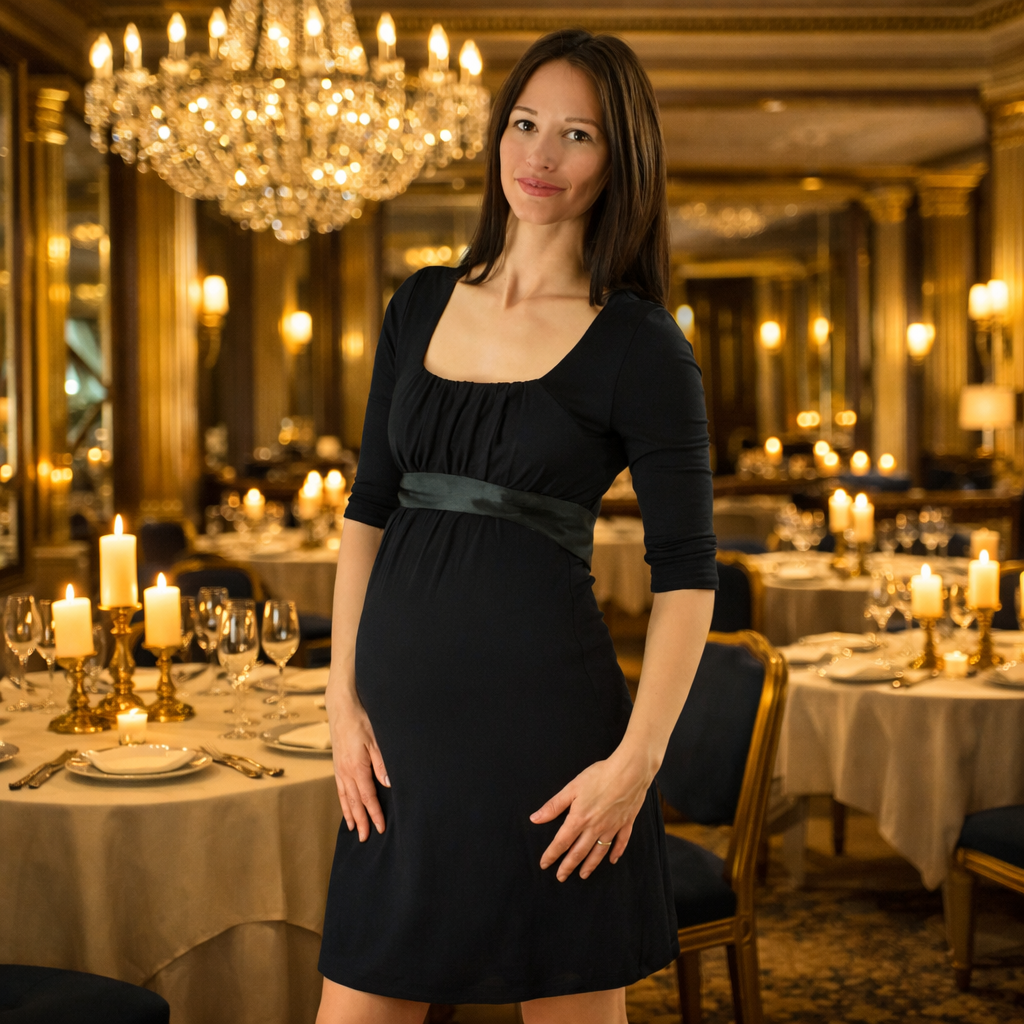 Maria Ruched Front Lined Maternity Dress in Black with Satin Sash