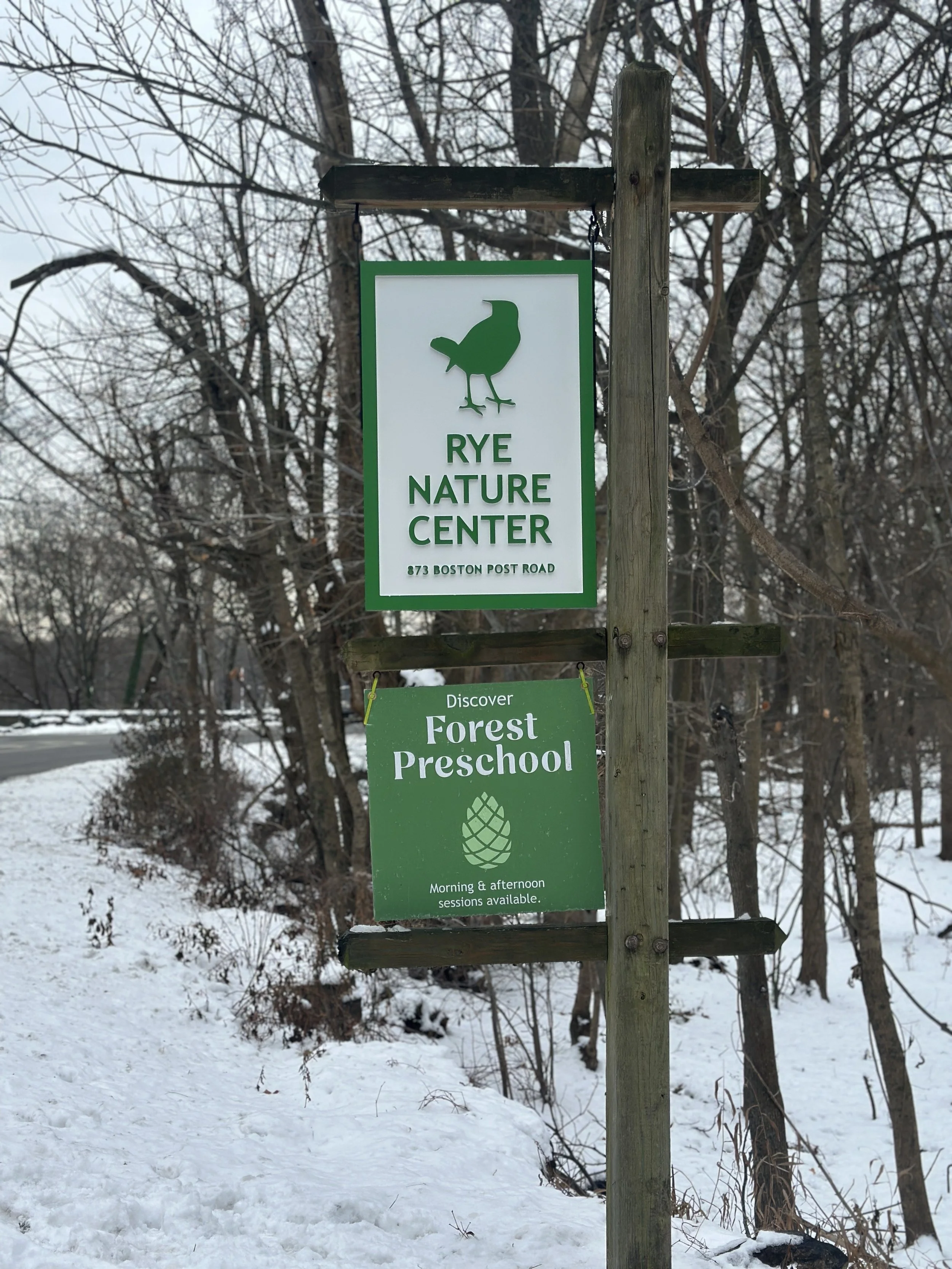 Signpost for Rye Nature Center at 873 Boston Post Road, featuring a logo of a bird, with an additional sign promoting Forest Preschool sessions in a wooded area with snow.