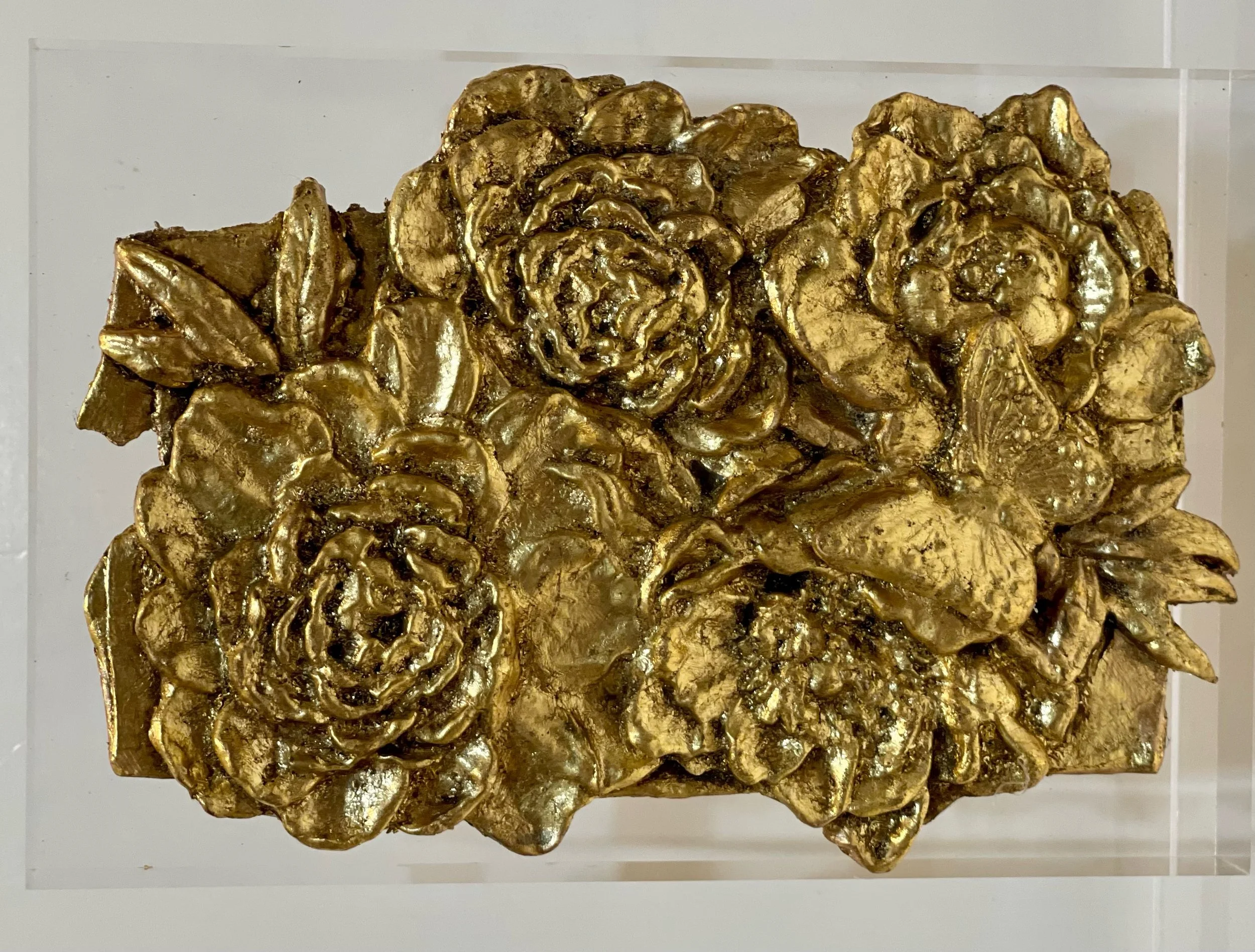 Mounted Gold Leaf Botanical – "Roses and Butterfly 1"