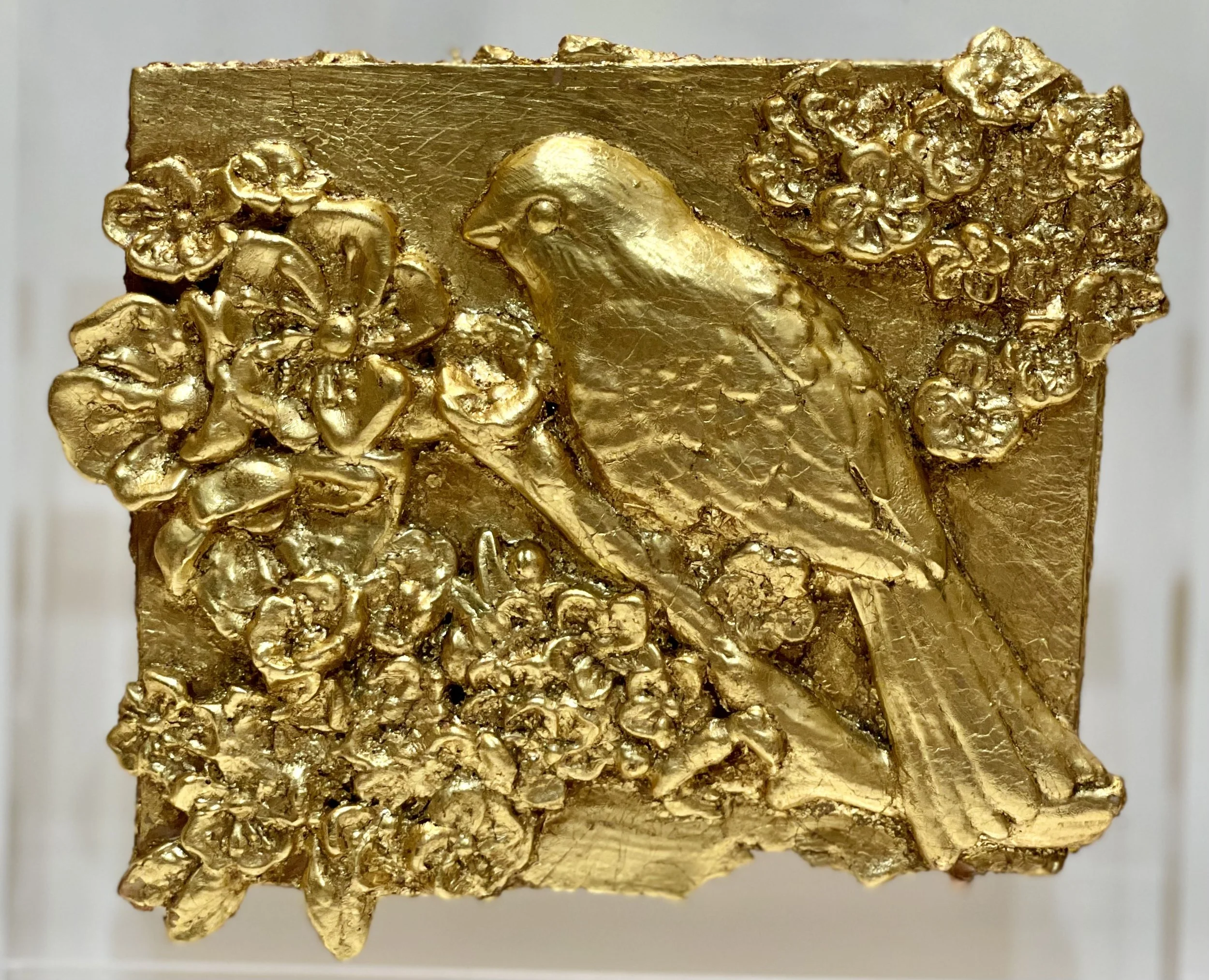 Mounted Gold Leaf Botanical – "One Bird and Cherry Blossoms"