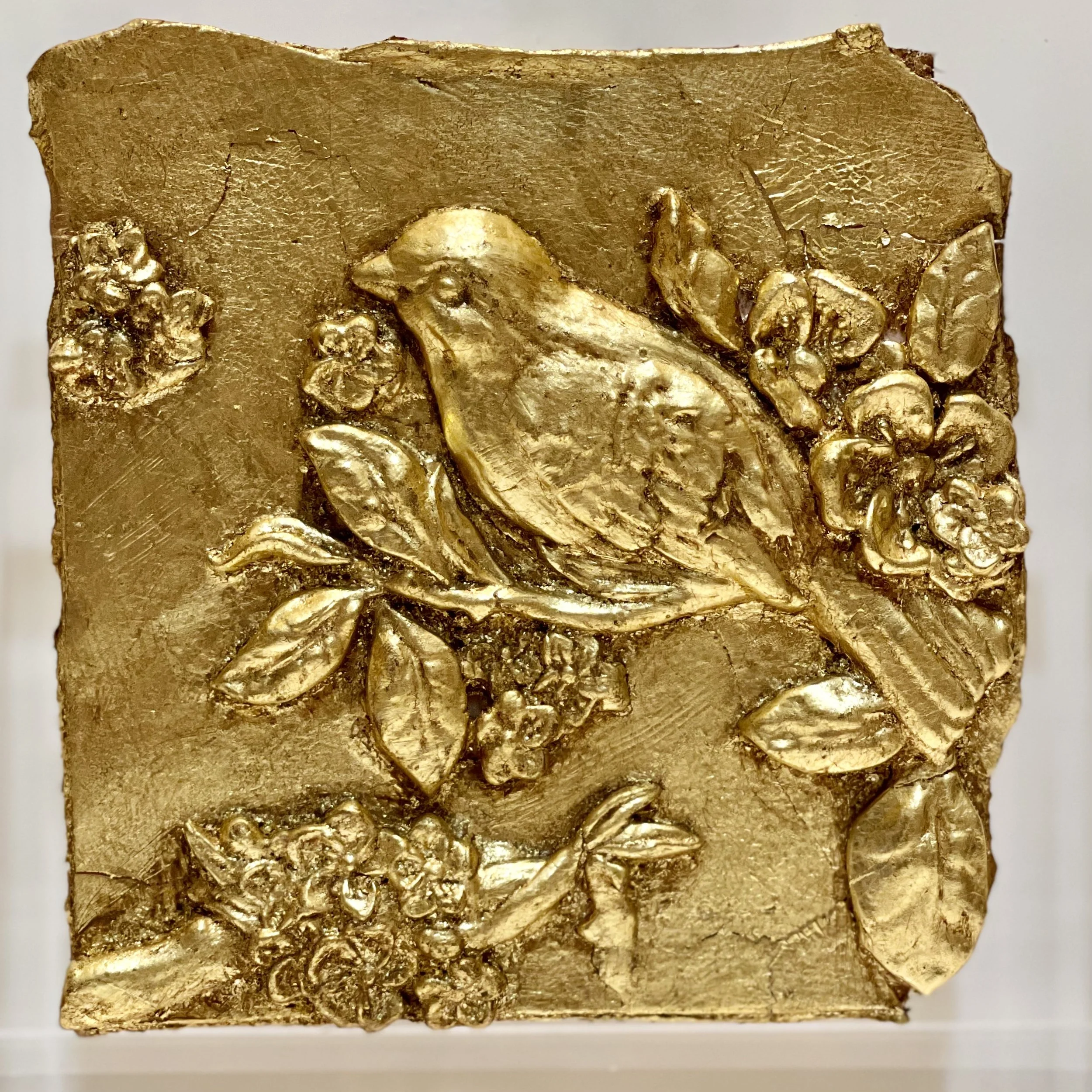 Mounted Gold Leaf Botanical – "One Bird and Cherry Blossom 2"