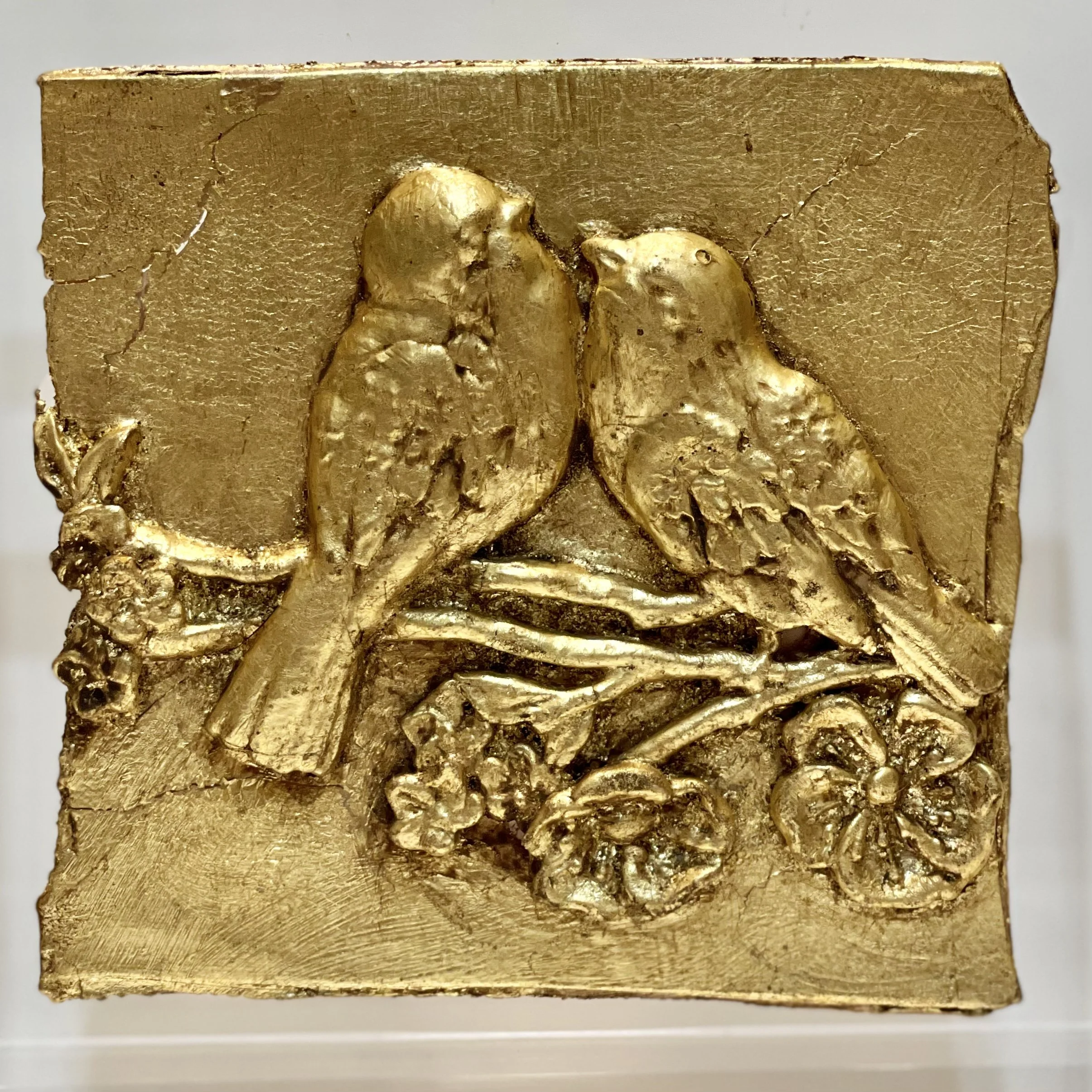 Mounted Gold Leaf Botanical – "Love Birds and Cherry Blossoms"