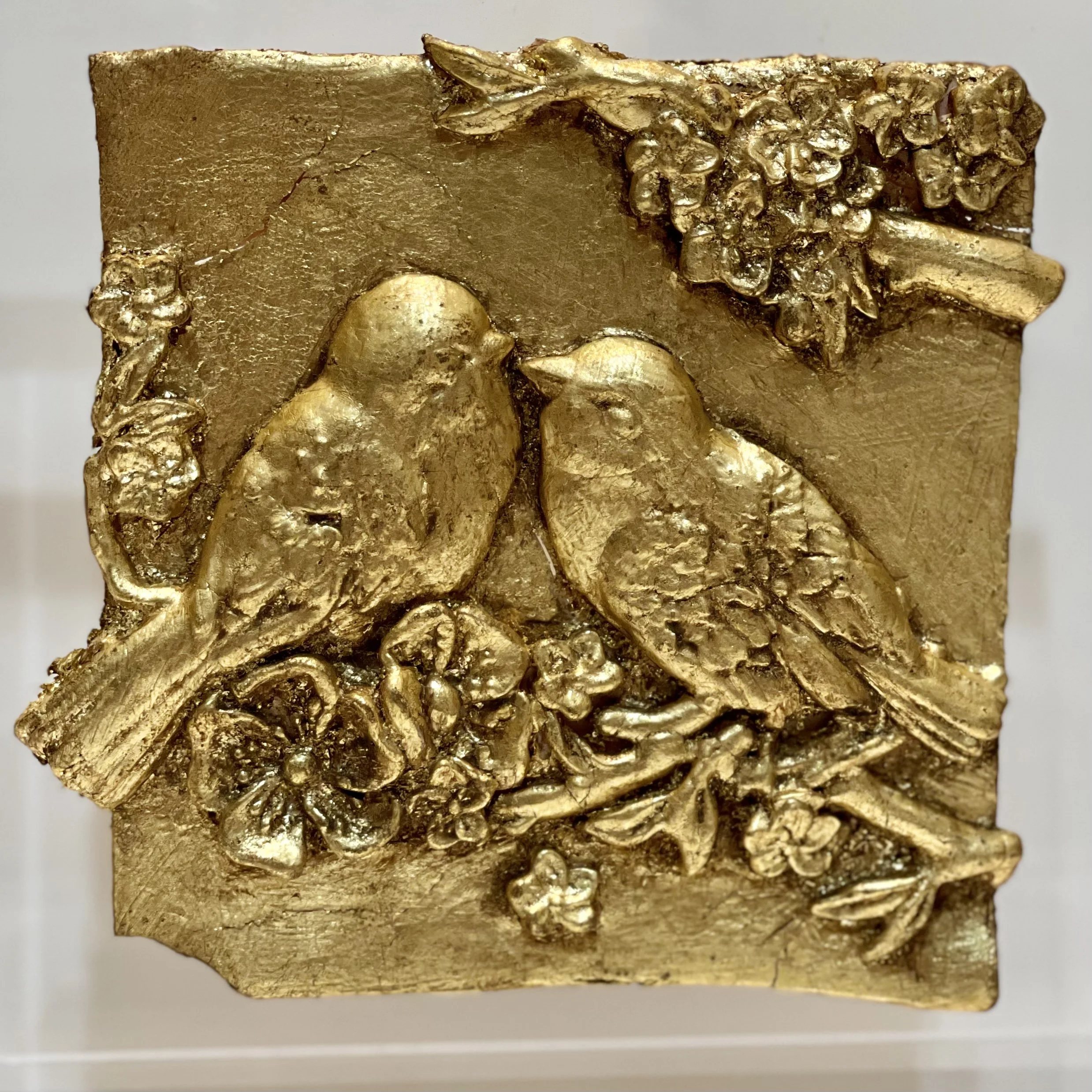 Mounted Gold Leaf Botanical – "Love Birds and Cherry Blossoms 2"
