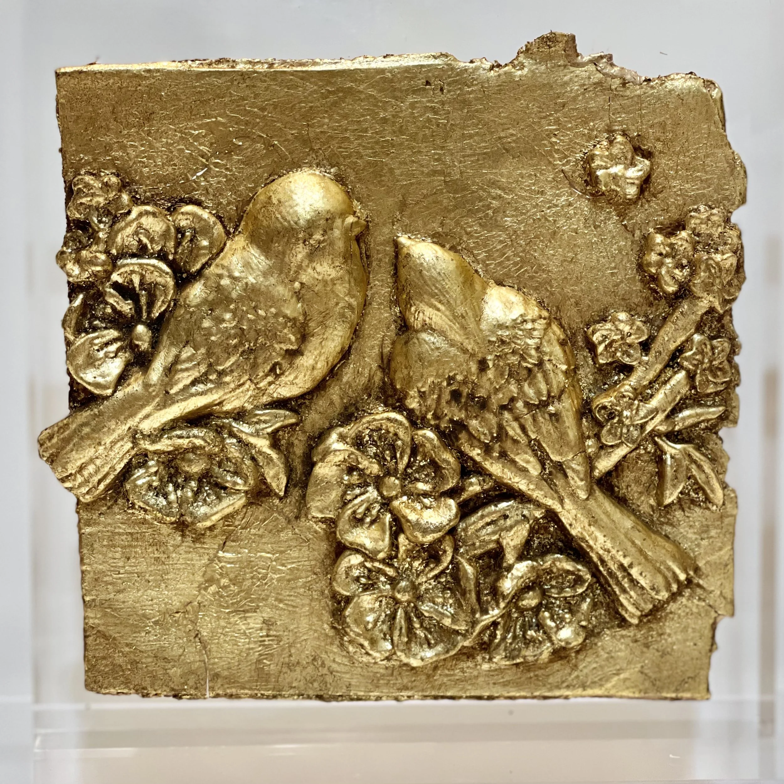 Mounted Gold Leaf Botanical – "Love Birds and Cherry Blossoms 3"
