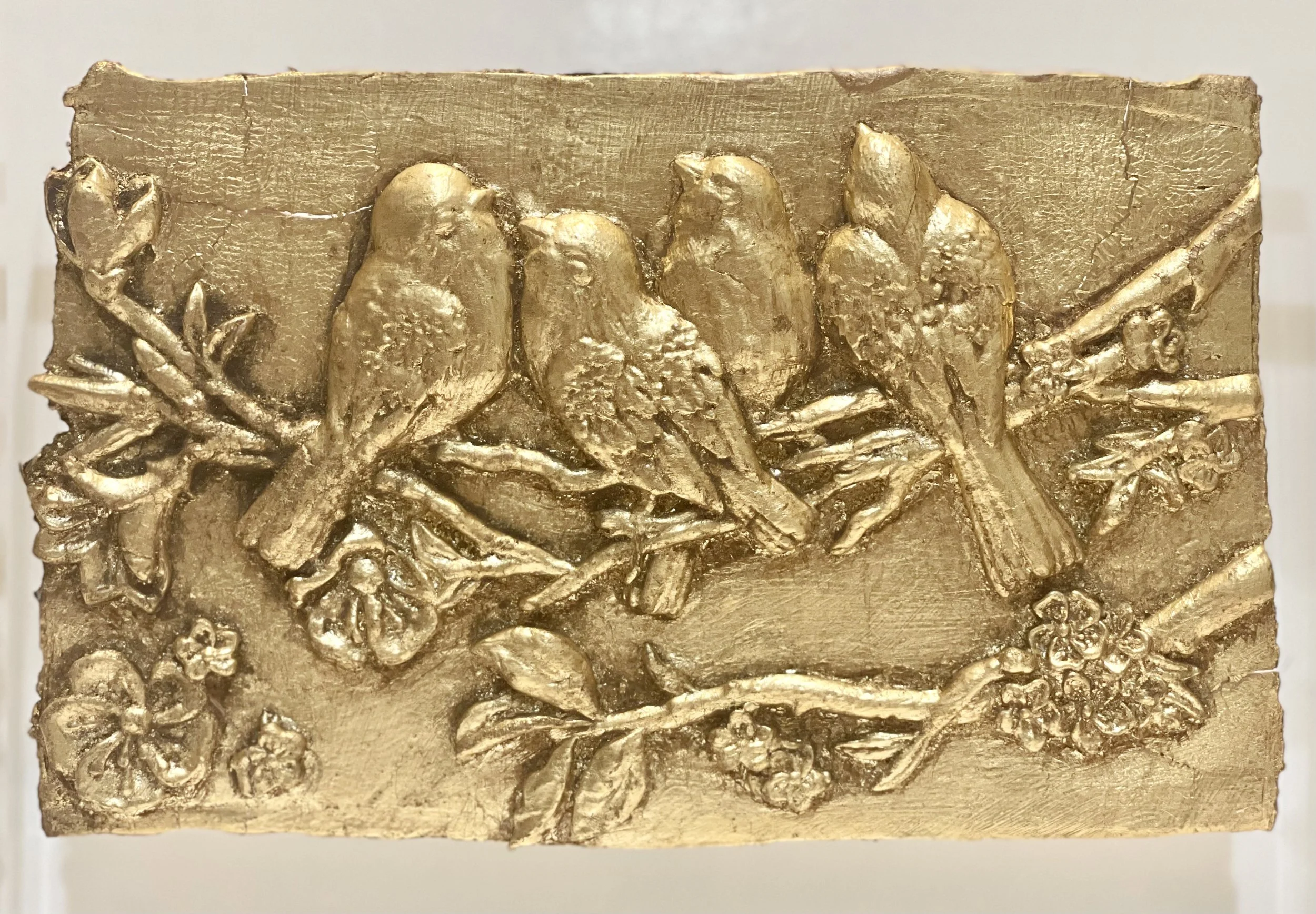 Mounted Gold Leaf Botanical – "Four Birds on the Limb"