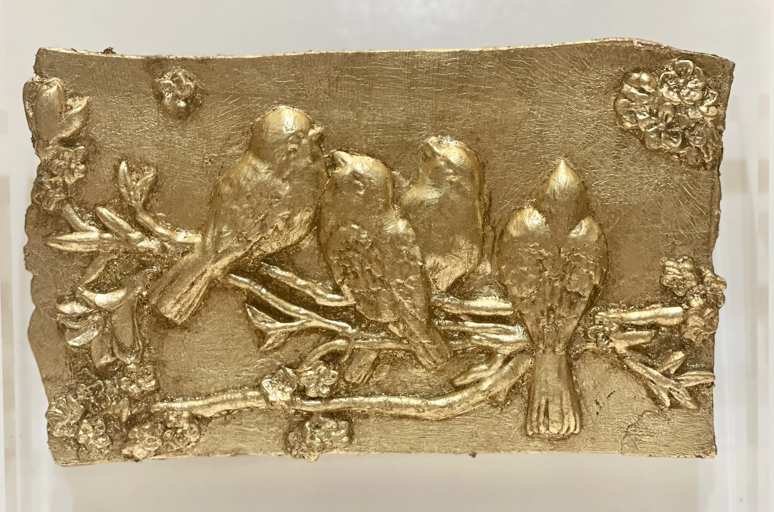 Mounted Gold Leaf Botanical – "Four Birds on the Limb 2"