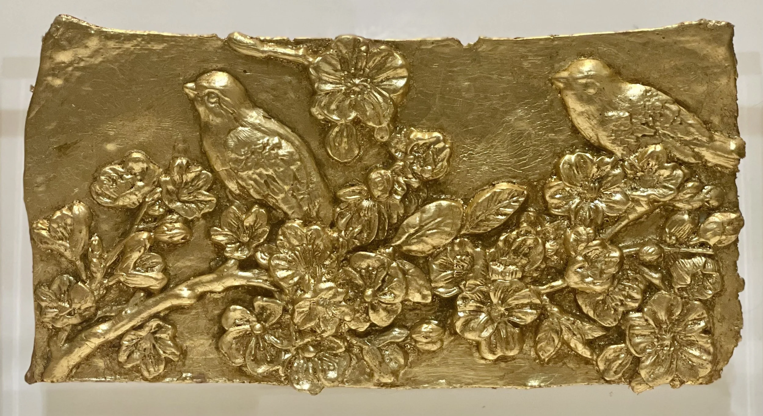Mounted Gold Leaf Botanical – "Two Birds on Cherry Blossoms 2"