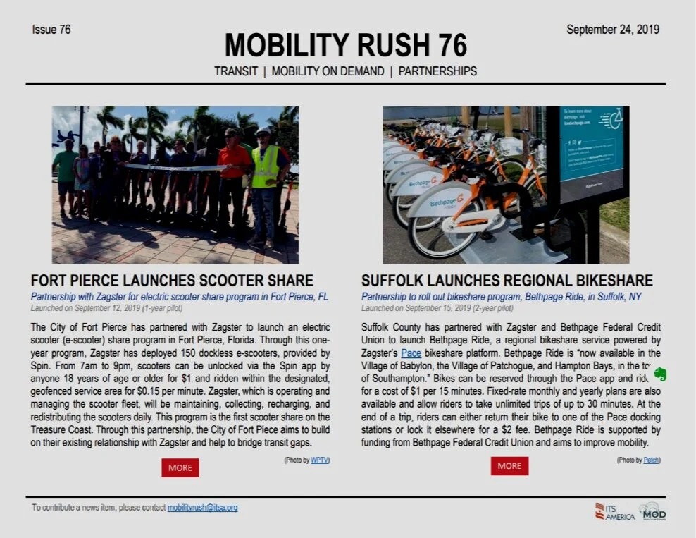 Mobility Rush is a biweekly publication, produced with the support of the Federal Transit Administration , that highlights the latest Mobility on Demand (MOD) partnerships. Read archives and find out more here .