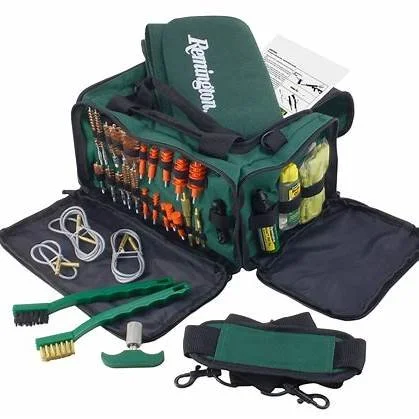 Gun cleaning kit with various brushes, rods, and cleaning solutions in a green Remington carrying case.