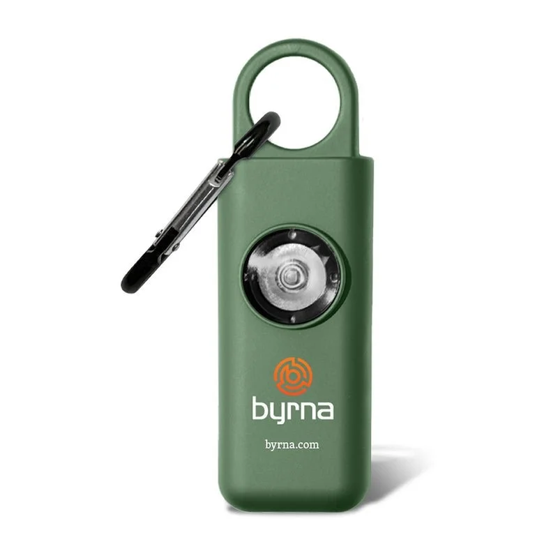 Green personal safety alarm with a carabiner clip, flashlight, and Byrna branding.