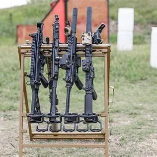Rack of rifles in an outdoor setting