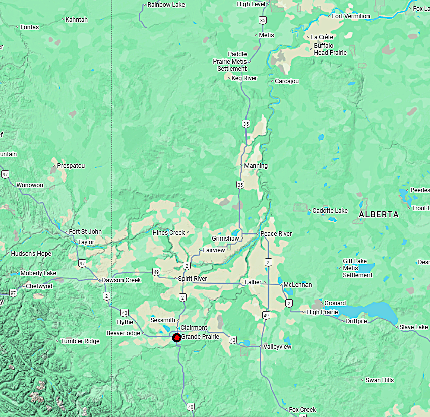 Map showing locations in northern Alberta near Grande Prairie, including nearby towns and natural features.
