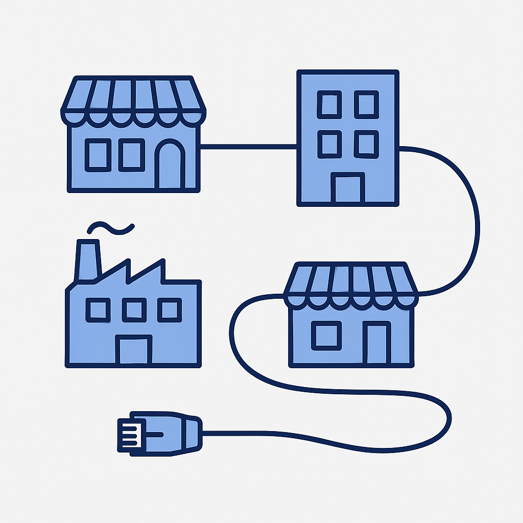 Flowchart diagram of two buildings connected by lines, one with an awning and the other with a chimney, and an electrical plug connected to the buildings.