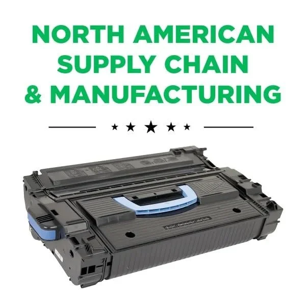 Title in green text says North American Supply Chain & Manufacturing above a printer toner cartridge.