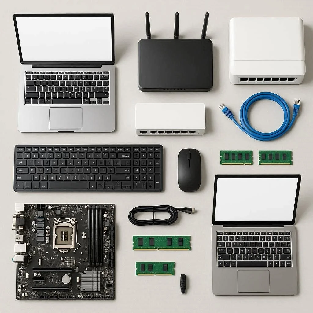 Collection of computer components, including two laptops with black keyboards, a desktop motherboard, a computer mouse, a motherboard CPU cooler, a black Wi-Fi router, a white network switch, a black keyboard, a black USB flash drive, green RAM sticks, Ethernet and power cables, and a white network router.