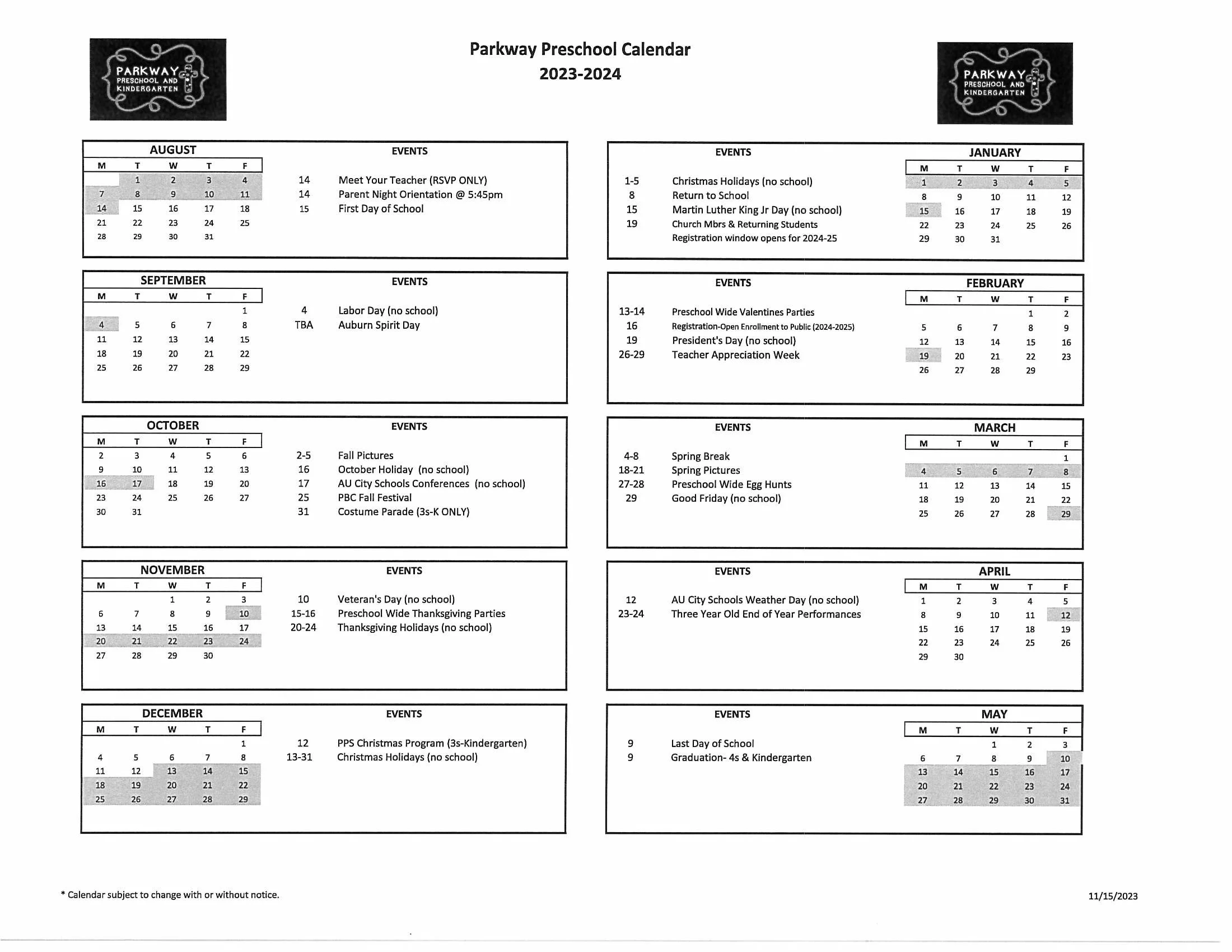 Calendar Parkway Preschool Kindergarten