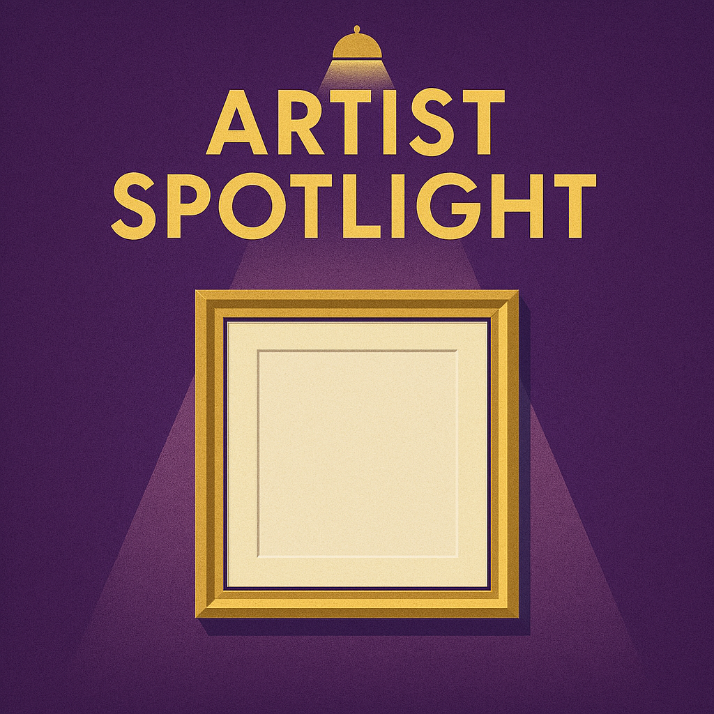 Purple and gold graphic featuring the words "ARTIST SPOTLIGHT" in bold yellow text at the top, centered with square golden frame containing a blank canvas. A spotlight shines down from above, casting a soft glow and shadow on the purple background.
