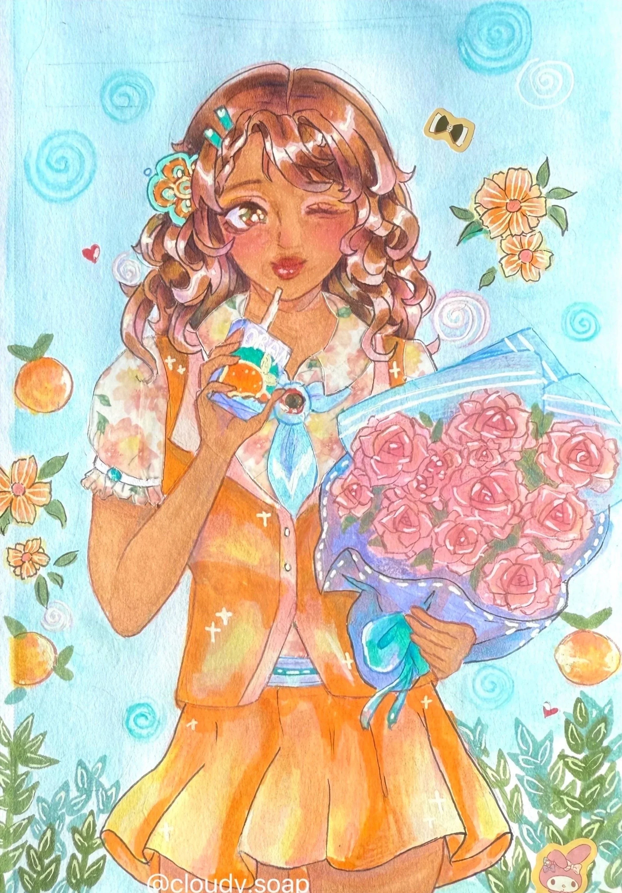 Girl in orange dress and flowers