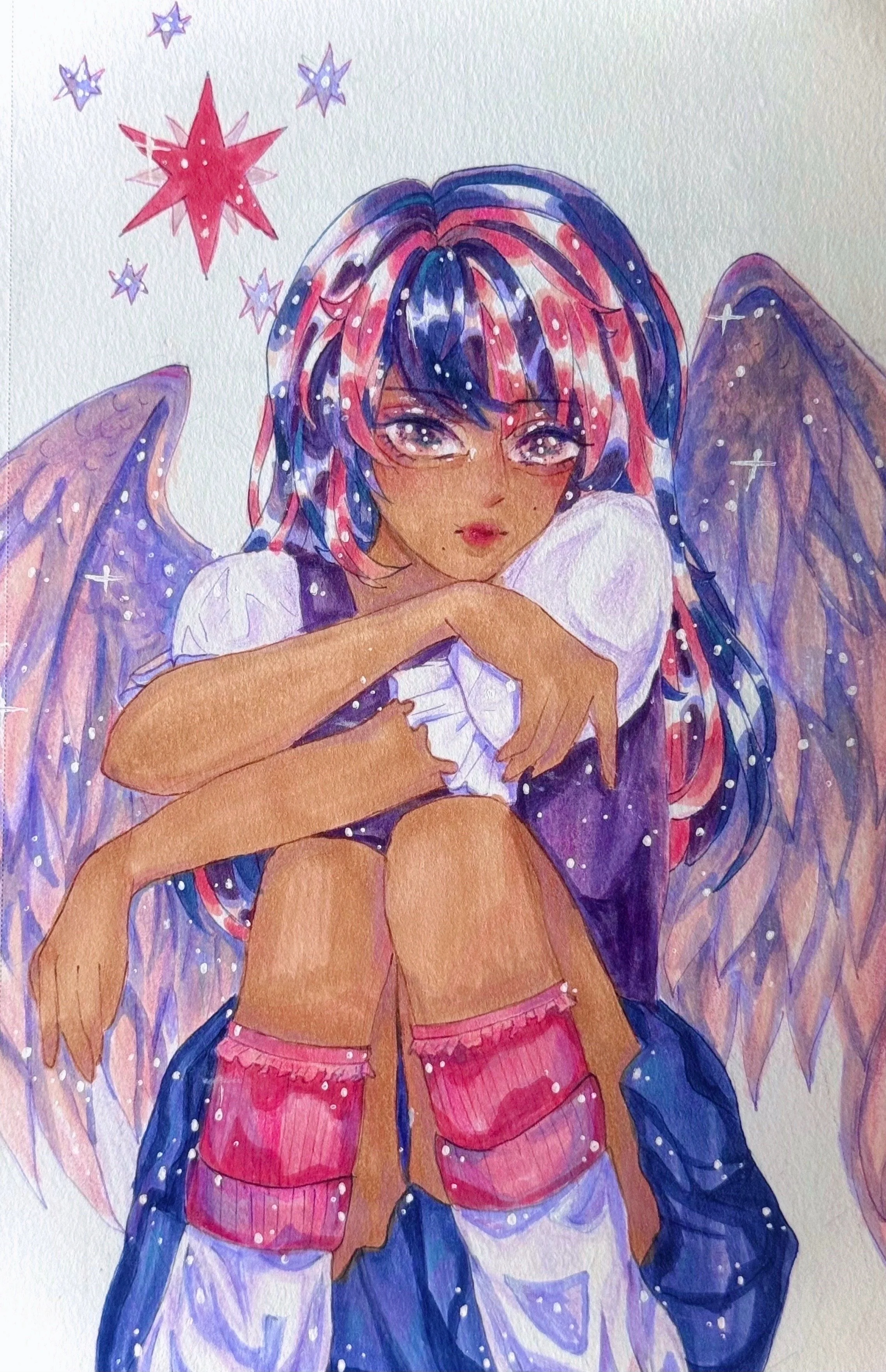 Young girl sitting with purple angle wings