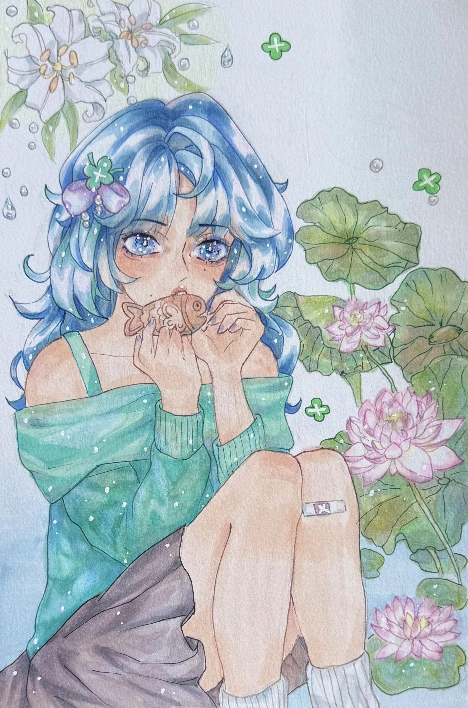 Blue hair girl sitting by green flowers with fish in hands