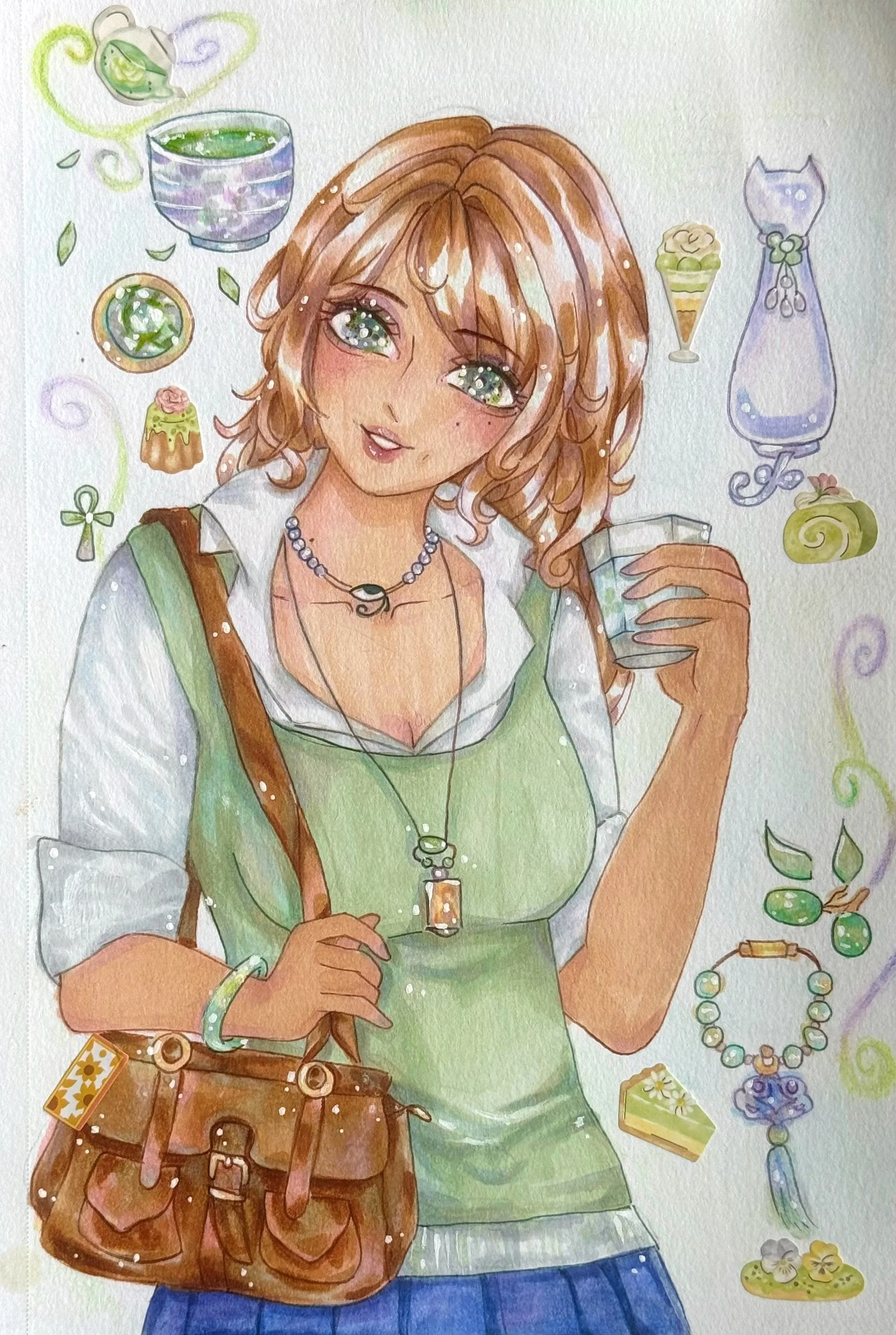 Girl with brown purse and short hair